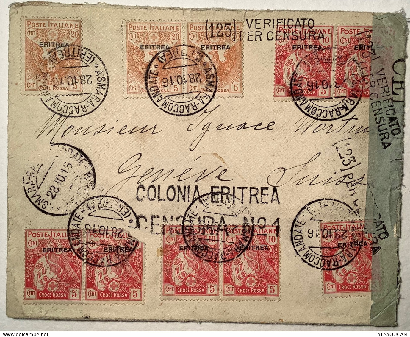 RARE RED CROSS  "ASMARA ERITREA 1916"Sa.41 44 Croce Rossa Censored Cover (lettera Censura Erythrée Lettre Croix Rouge - Eritrea