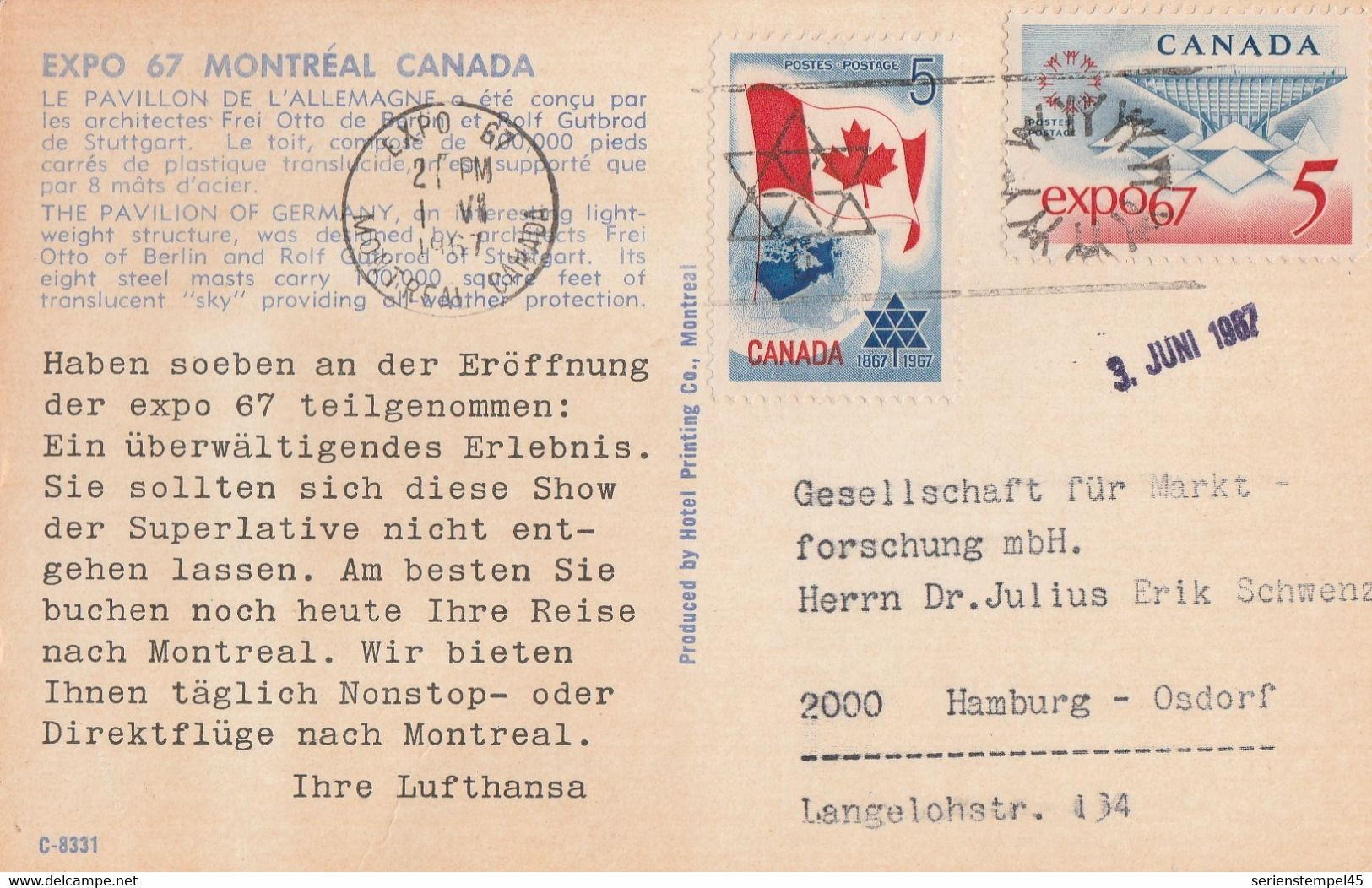 Karte Von Der Weltausstellung 1967 Montreal Mit Vortext Lufthansa Zur Eröffnung - 1967 – Montreal (Kanada)