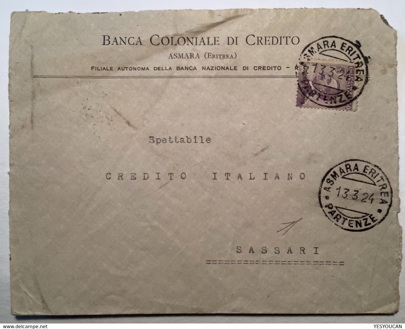 "ASMARA ERITREA 1924"  Sa.39a Michetti 50c Violetto Scuro Cover Banca Coloniale>Sassari (lettera Lettre Erythrée - Erythrée