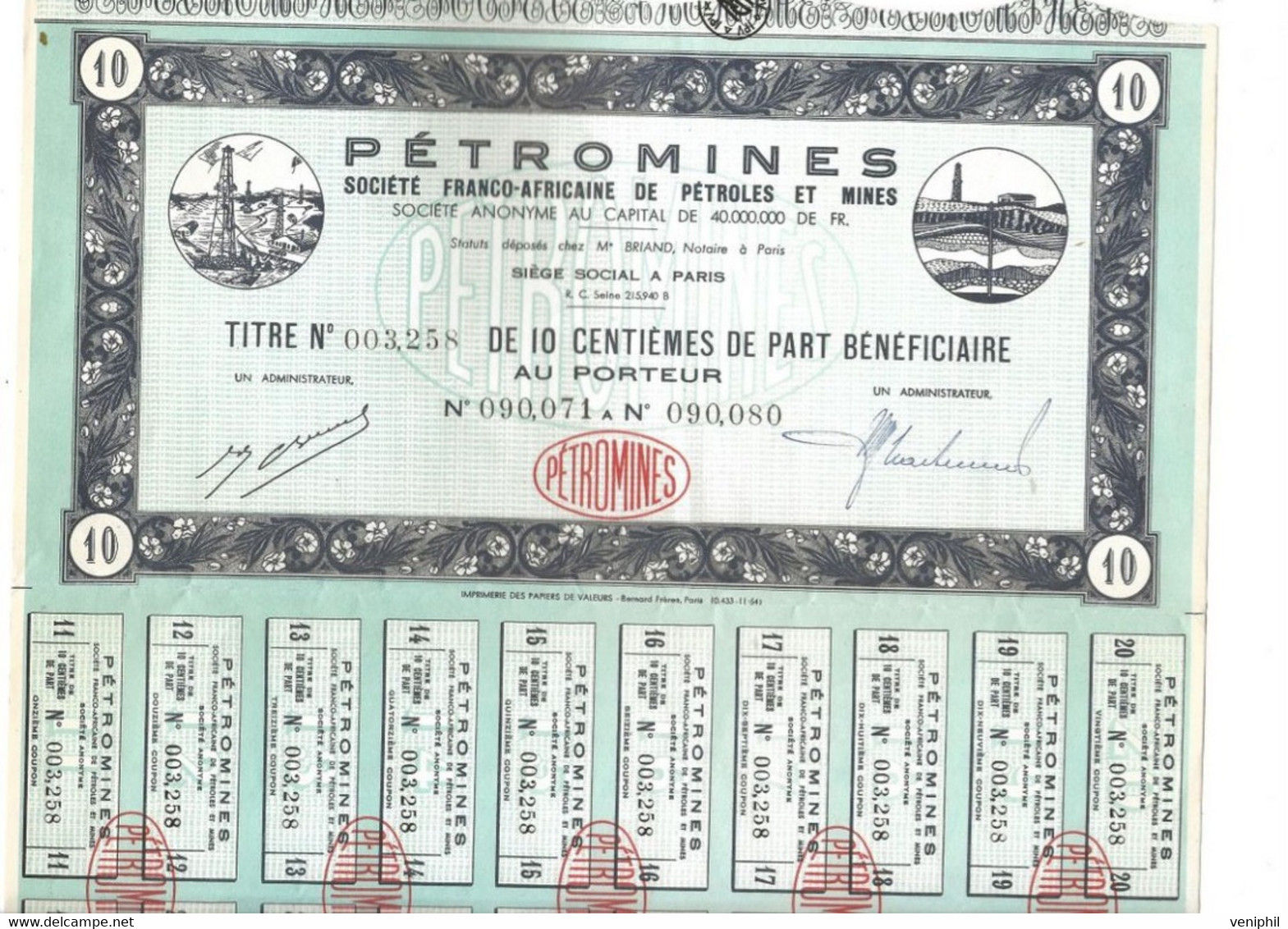 PETROMINES -SOCIETE FRANCO-AFRICAINE DE PETROLES ET MINES - TITRES DE 10 CENTIEMES DE PART - - Aardolie