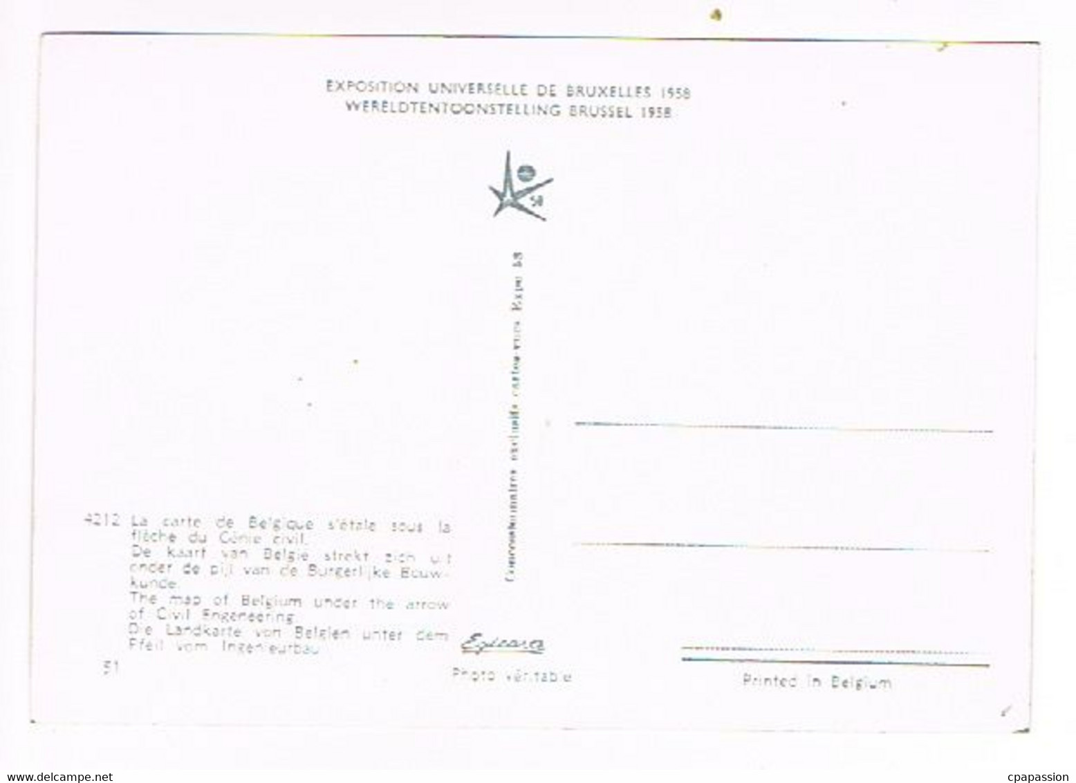 EXPOSITION UNIVERSELLE De BRUXELLES 1958 - CPSM  La Carte De Belgique S'étale Sous La Flèche Du Génie Civil - Expositions Universelles