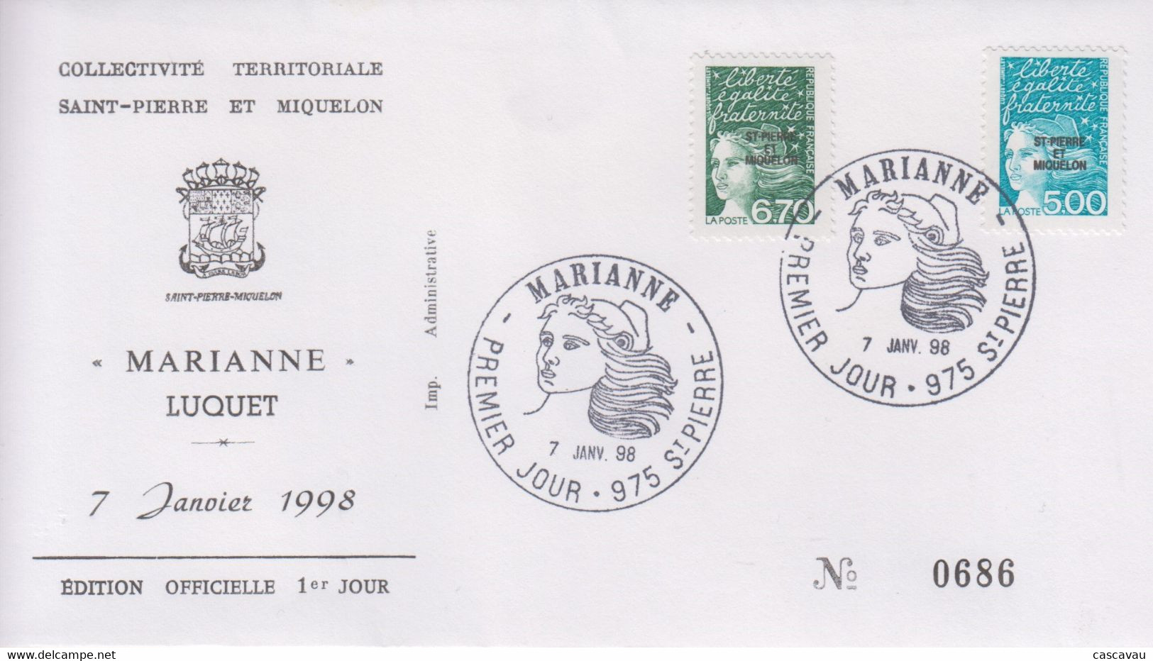 Enveloppe  FDC  1er  JOUR    SAINT  PIERRE  Et  MIQUELON    MARIANNE  De  LUQUET   1998 - FDC