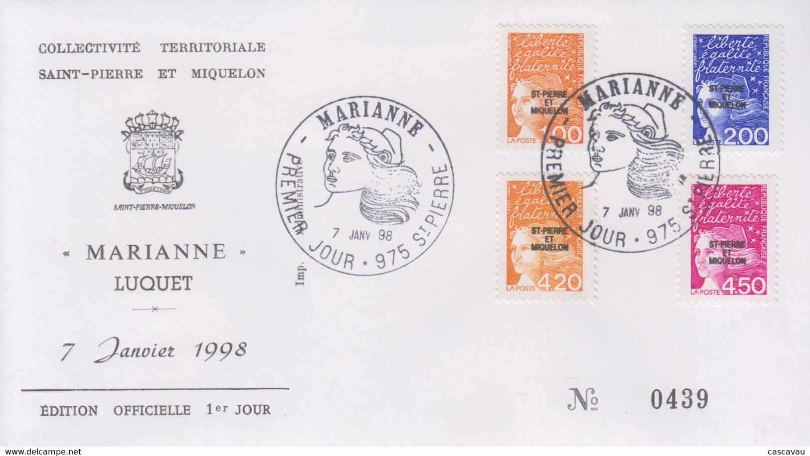 Enveloppe  FDC  1er  JOUR    SAINT  PIERRE  Et  MIQUELON    MARIANNE  De  LUQUET   1998 - FDC