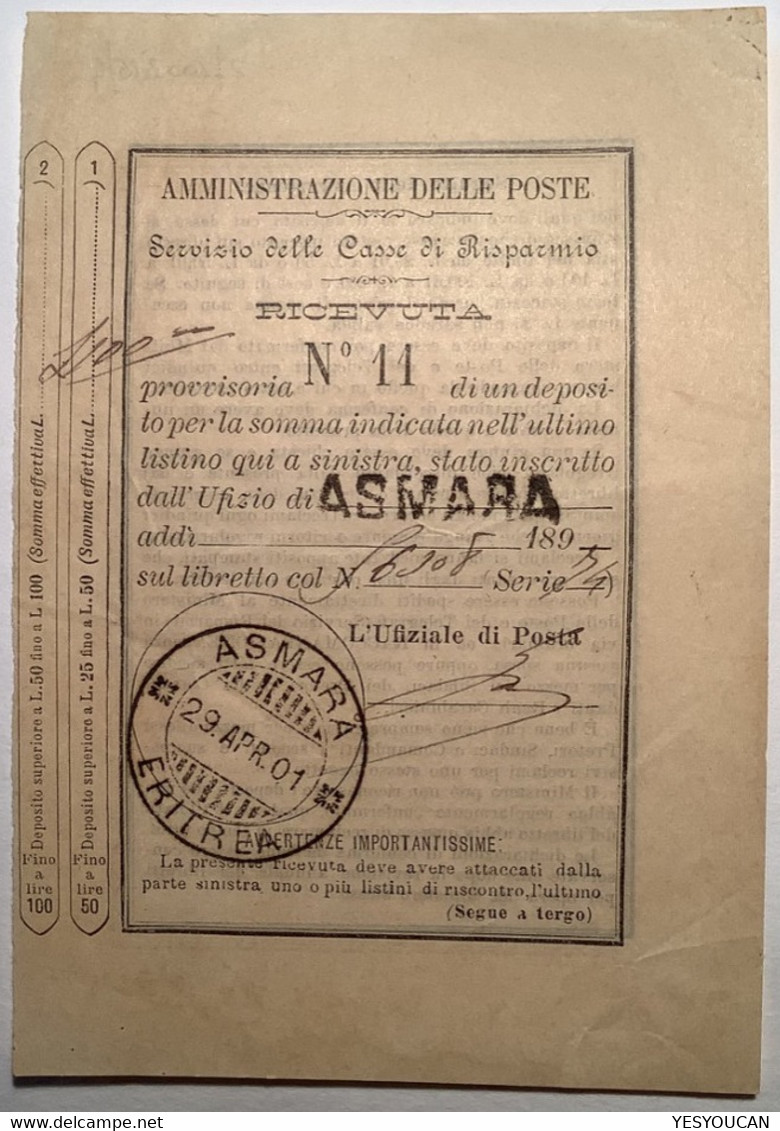 "ASMARA ERITREA 1901" CASSE DI RISPARMIO LIBRETTO POSTALE RICEVUTA (lettera Cover Postal Bank Money Saving Receipt - Eritrea