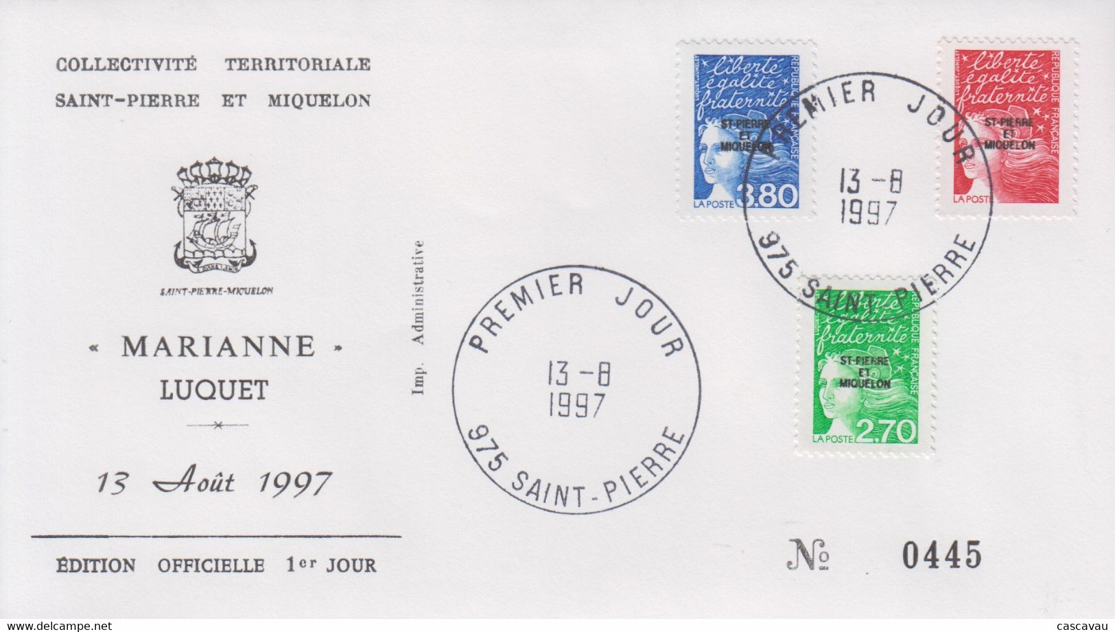 Enveloppe  FDC  1er  JOUR    SAINT  PIERRE  Et  MIQUELON    MARIANNE  De  LUQUET   1997 - FDC