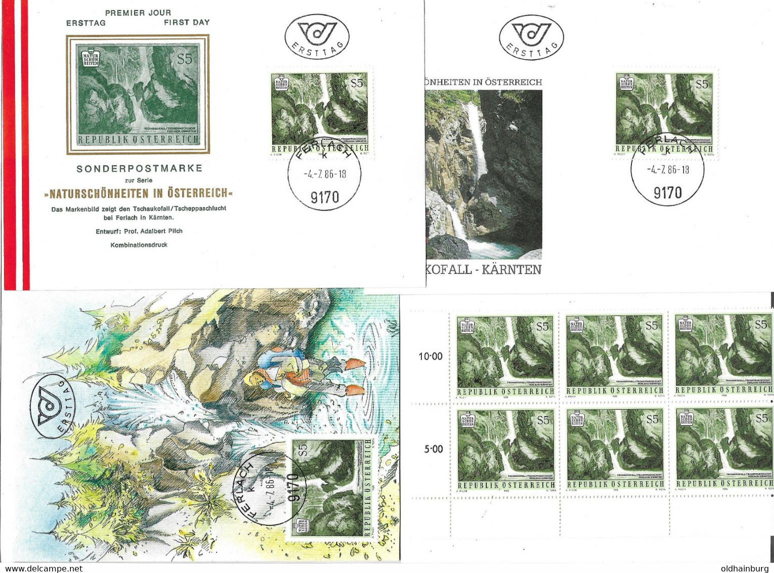 4107g: Österreich 1986, Naturschönheiten Tschauko-Fall, Ferlach, 3 Gute FDC- Belege, Plus 6er- Block ** - Ferlach