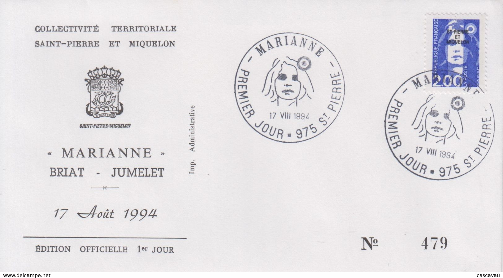 Enveloppe  FDC  1er  JOUR    SAINT  PIERRE  Et  MIQUELON    MARIANNE  De  BRIAT - JUMELET   1994 - FDC