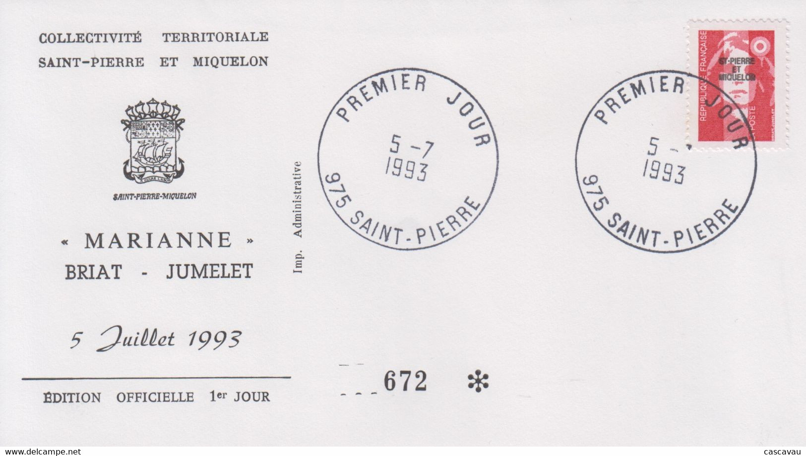 Enveloppe  FDC  1er  JOUR    SAINT  PIERRE  Et  MIQUELON    MARIANNE  De  BRIAT - JUMELET   1993 - FDC