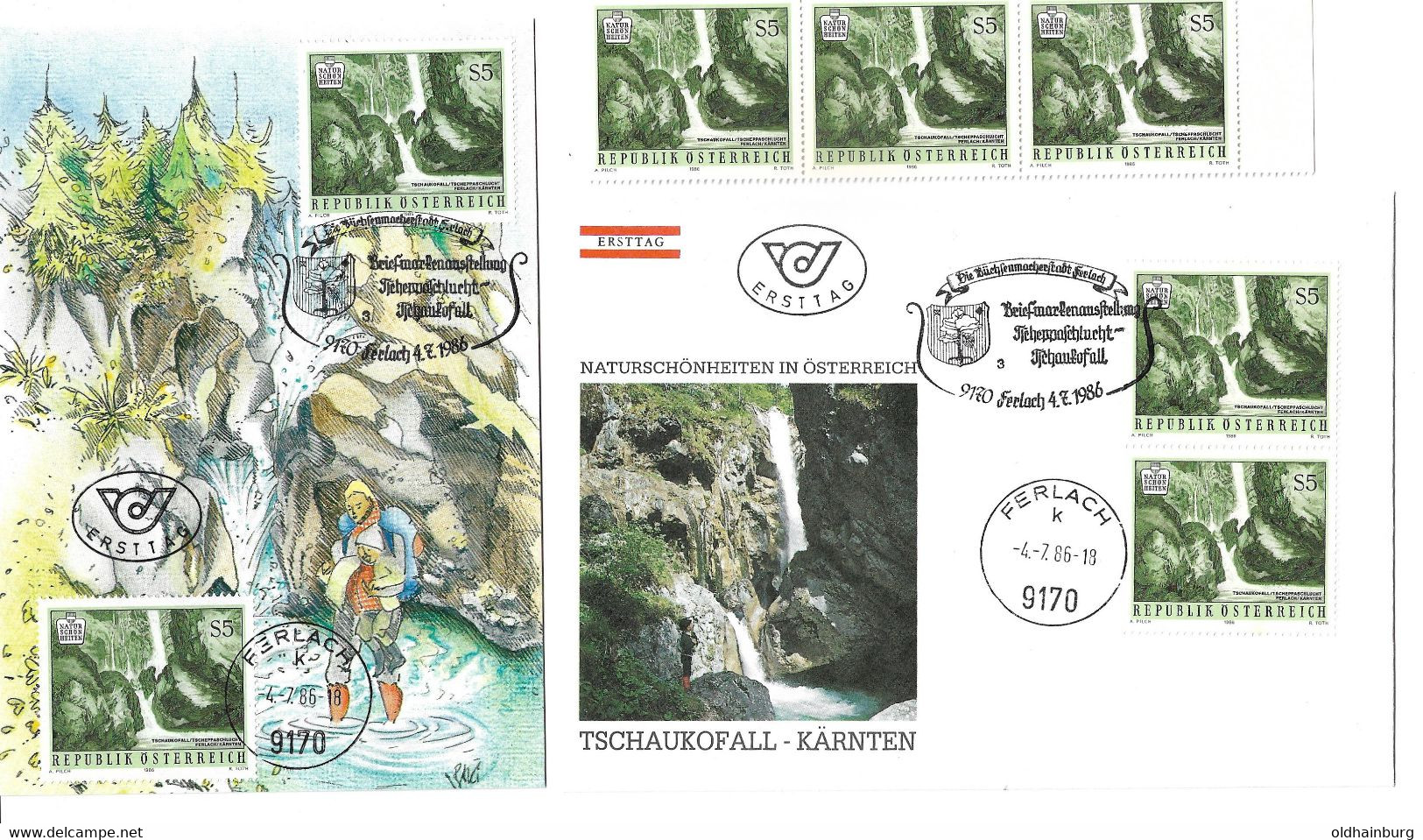 4107e: Österreich 1986, Naturschönheiten Tschauko-Fall, Ferlach, 2 Gute FDC- Belege, Plus 3 Marken ** - Ferlach