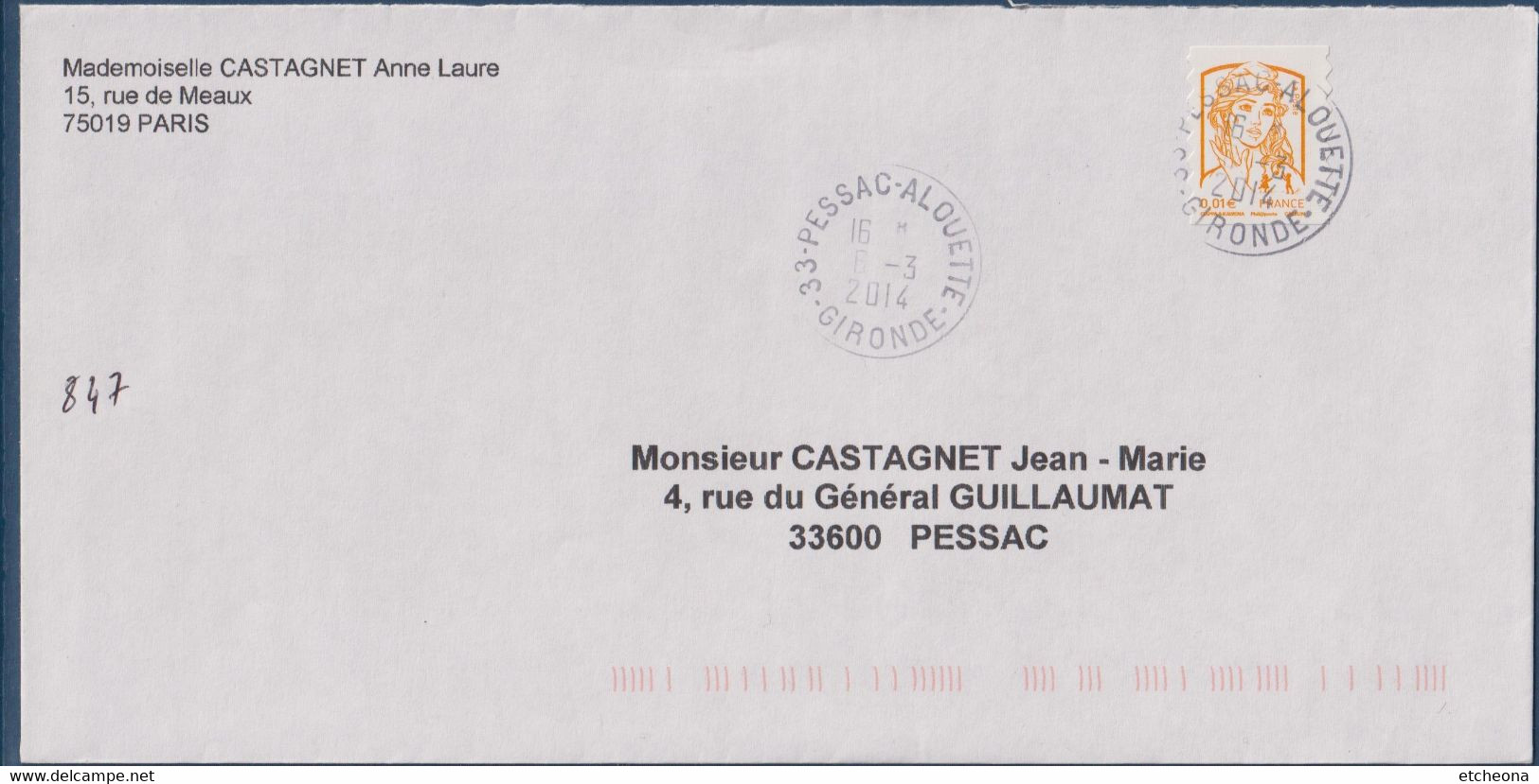 La Marianne De Ciappa Et Kawena N°847 Adhésif Seul Sur Lettre Le 06 03 2014 - 2013-2018 Marianne Of Ciappa-Kawena