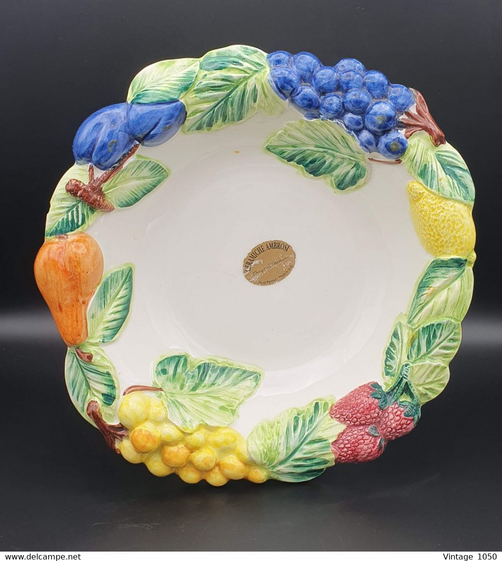 ✅➡️Compotier Plat AMBROSI BASSANO 1980 barbotine fruits diam 27cm Made in Italy #210706