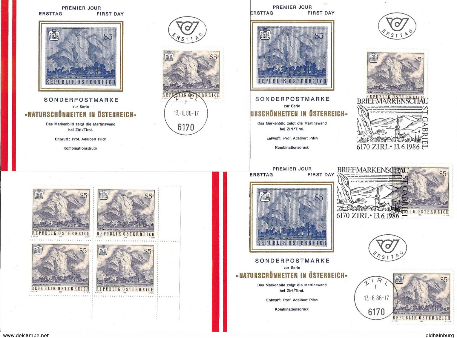 4107b: Österreich 1986, Heimatsammler Martinswand Bei Zirl, 3 Cachets Unterschiedliche Stempel, Plus Viererblock - Zirl