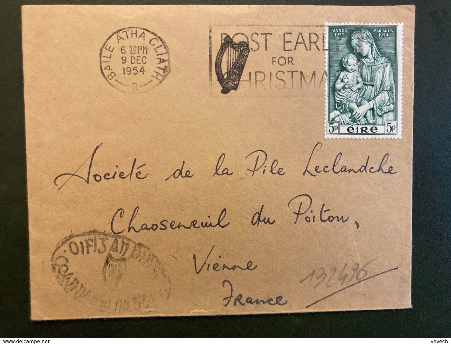 LETTRE Pour La FRANCE TP ANNUS MARIANUS 1953 1954 5p PBL.MEC.9 DEC 1954 BAILE ATHA CLIATH + HARPE - Lettres & Documents