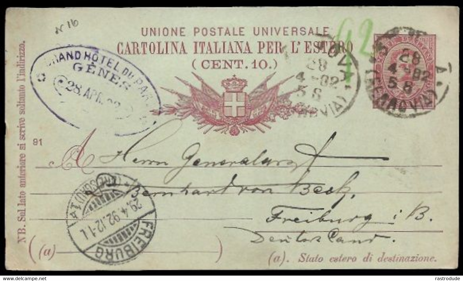 1892 ITALY - 10c PSC TO GERMANY - DATE HANDSTAMP GRAND HOTEL 28 APR. 92 - Stamped Stationery