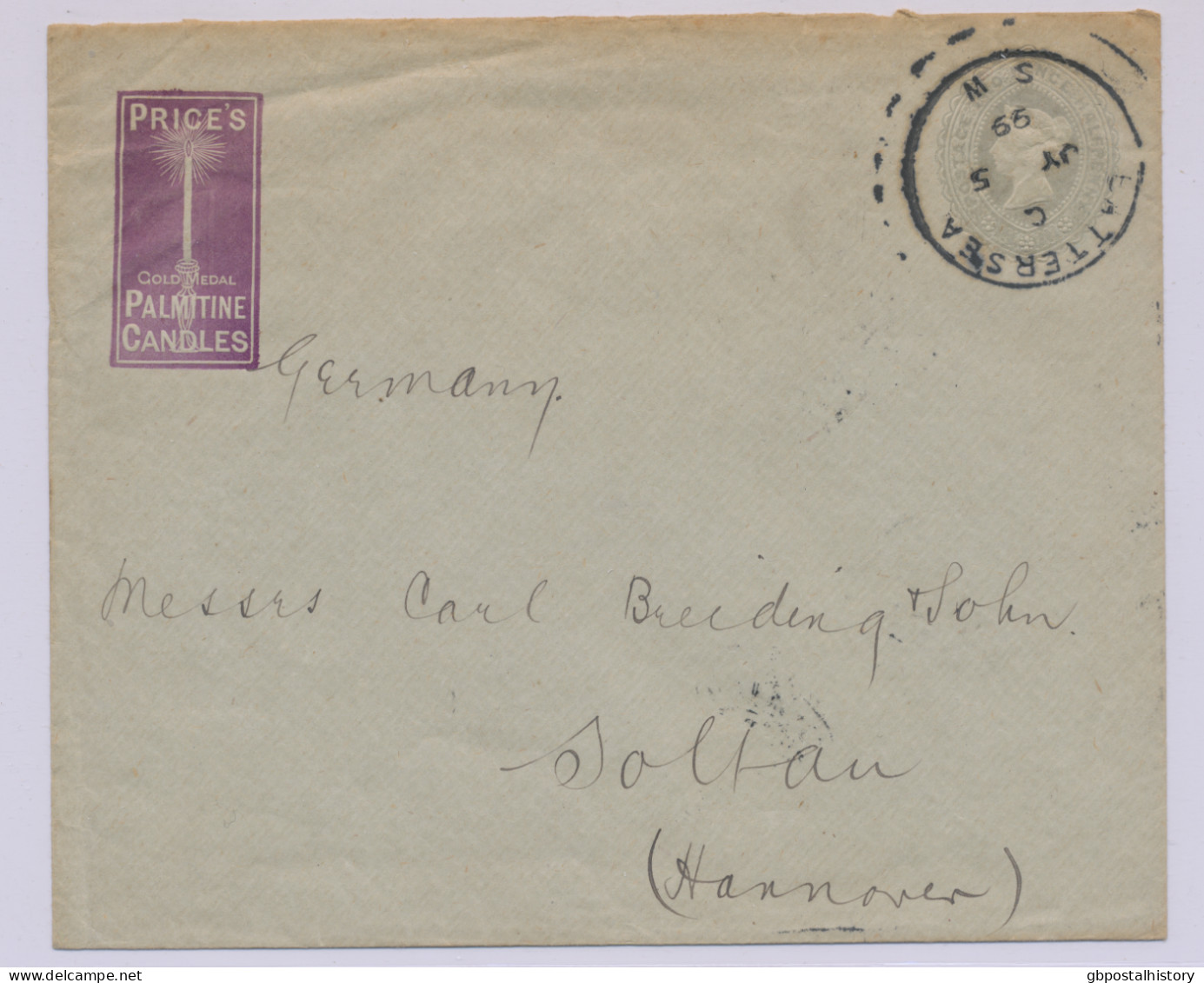 GB 1899, QV 2½d Grey Superb Stamped To Order Advertising Postal Stationery Envelope 123 X 148 Mm Of PALMITINE CANDLES - Brieven En Documenten