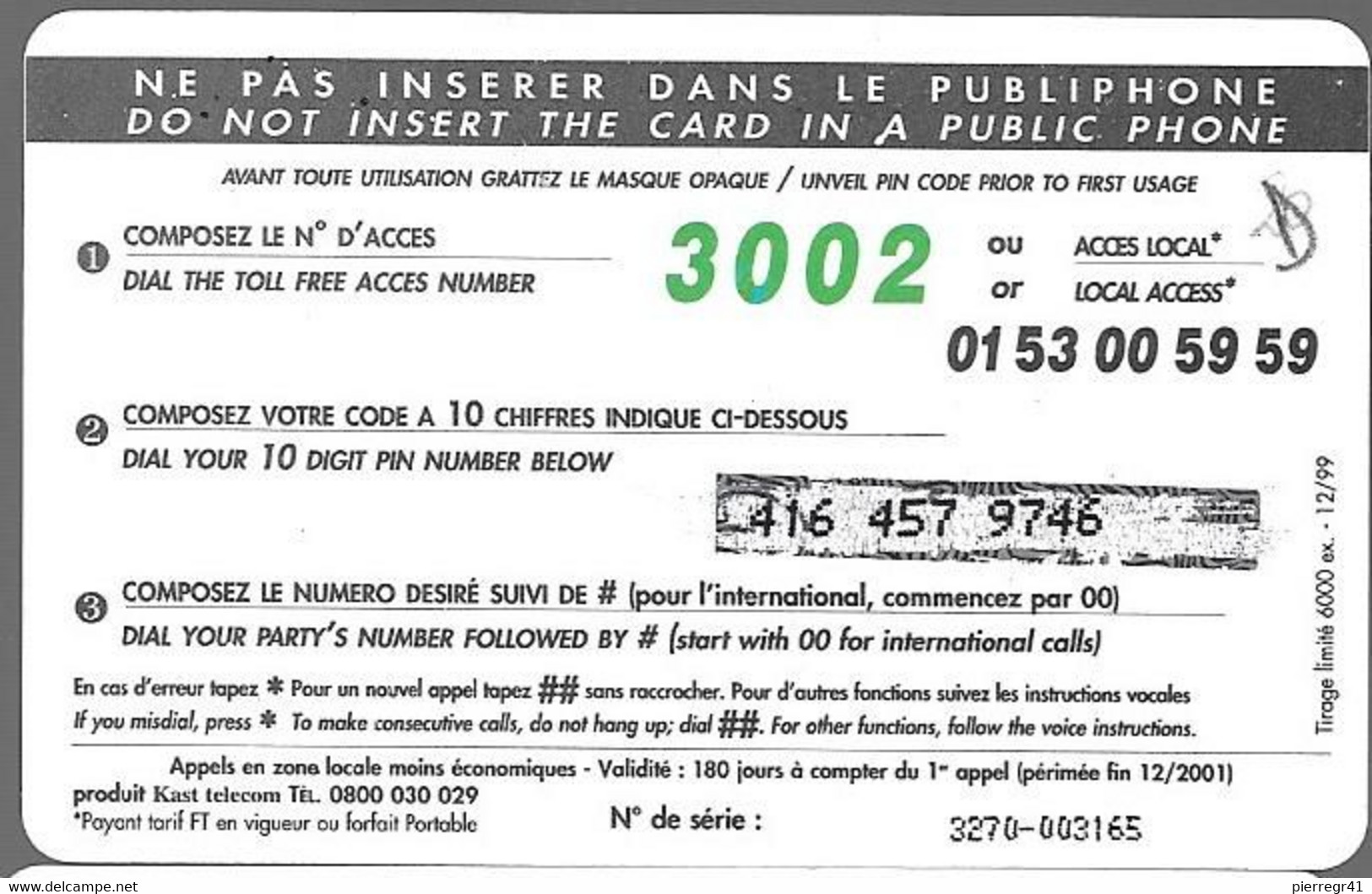 CARTE-PREPAYEE-FR-KAST-50F-NOEL-JOYEUSES FETES-12/99-6000Ex-Gratté -TBE-RARE - Noel