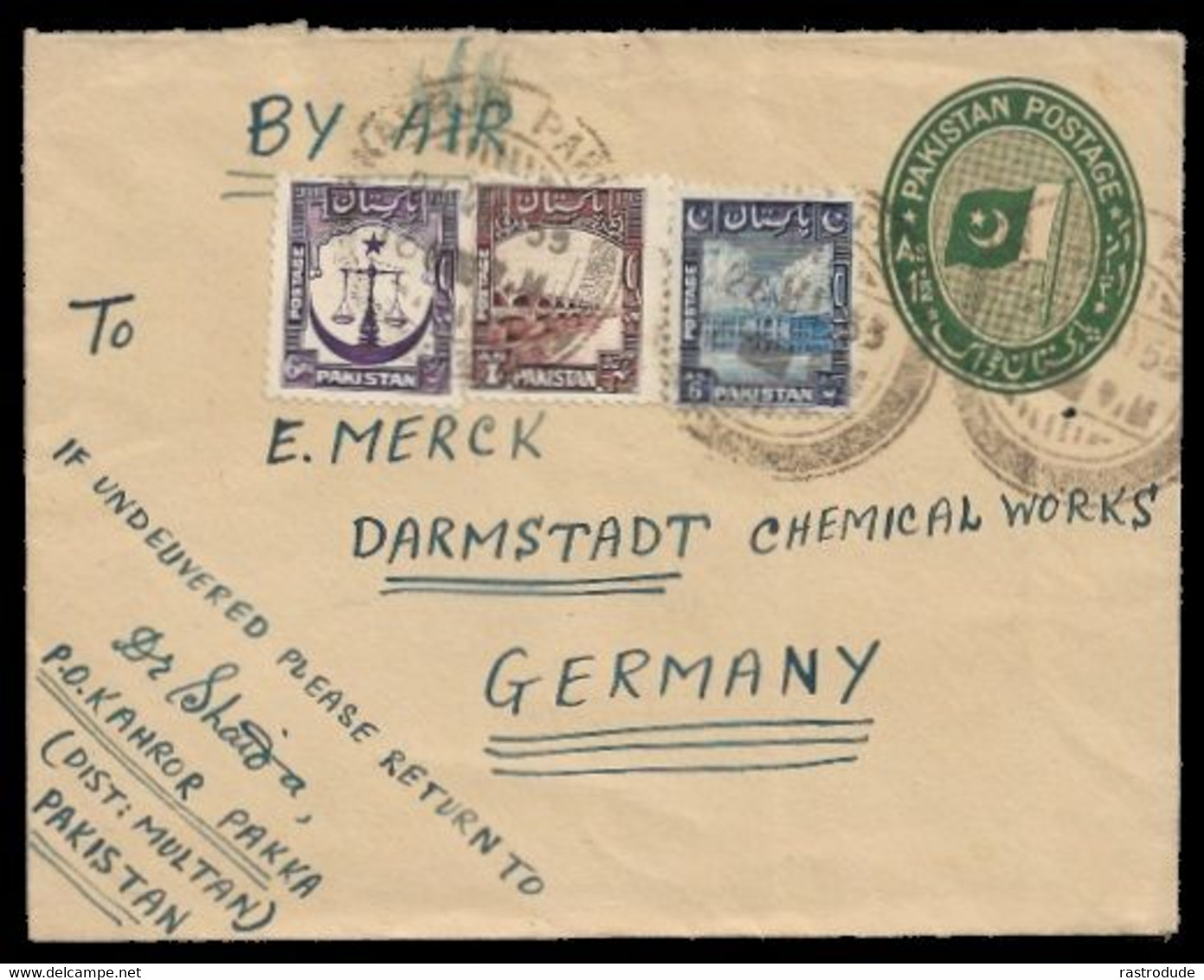 1953 PAKISTAN UPRATED 1½As POSTAL STATIONERY ENVELOPE (H&G 3) TO GERMANY - Pakistán