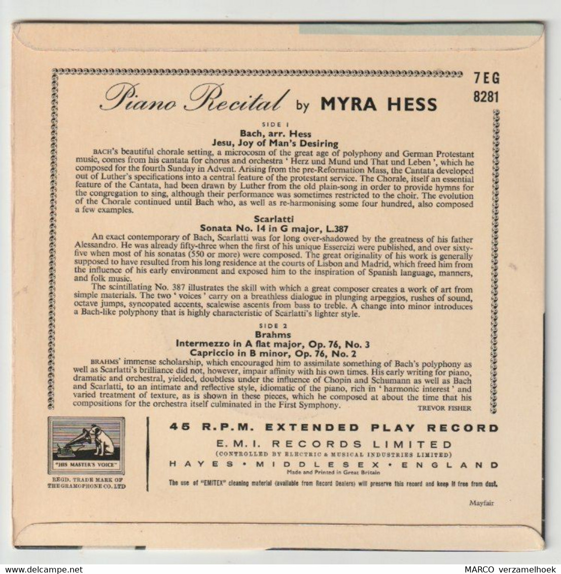 45T Single Piano Recital By Myra Hess His Master's Voice Jaren 60 - Klassik