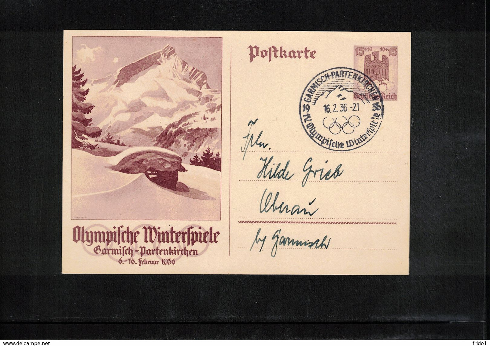 Germany / Deutschland 1936 Olympic Games Garmisch-Partenkirchen - Postal Stationery Postcard - Closing Day Postmark - Winter 1936: Garmisch-Partenkirchen