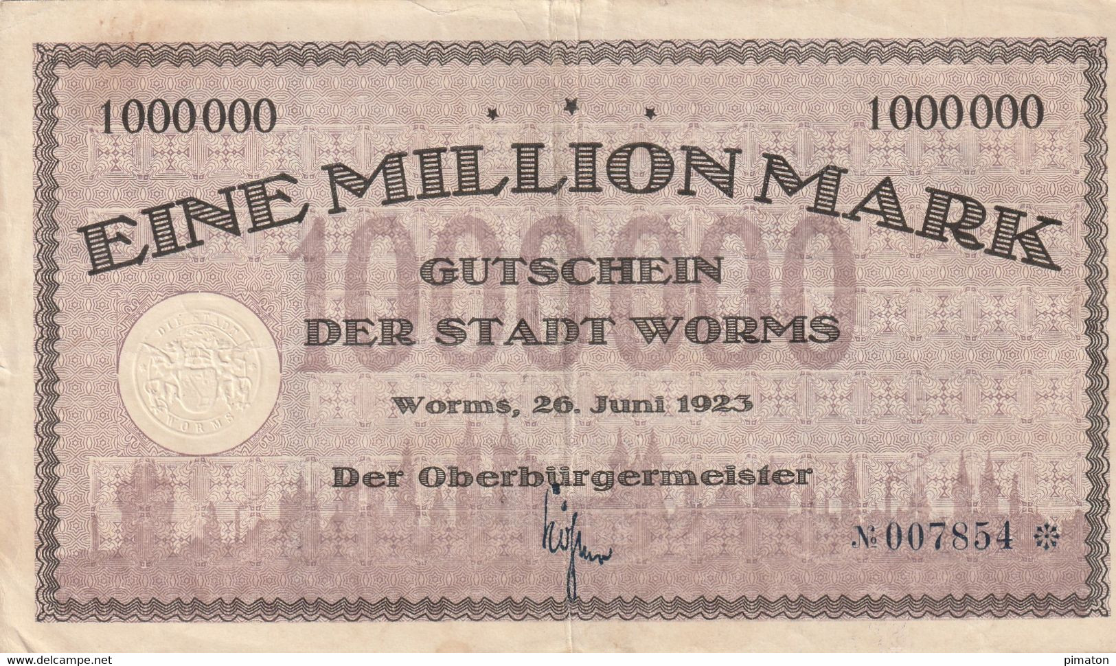 Billet De Nécessité Allemand -1000000 Mark 1923 STADT WORMS - 1 Million Mark