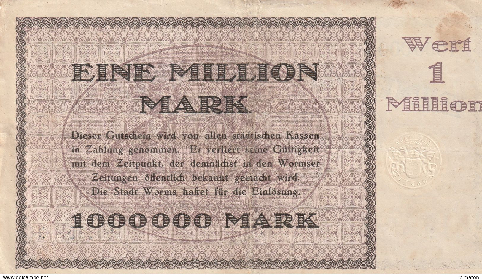 Billet De Nécessité Allemand -1000000 Mark 1923 STADT WORMS - 1 Million Mark