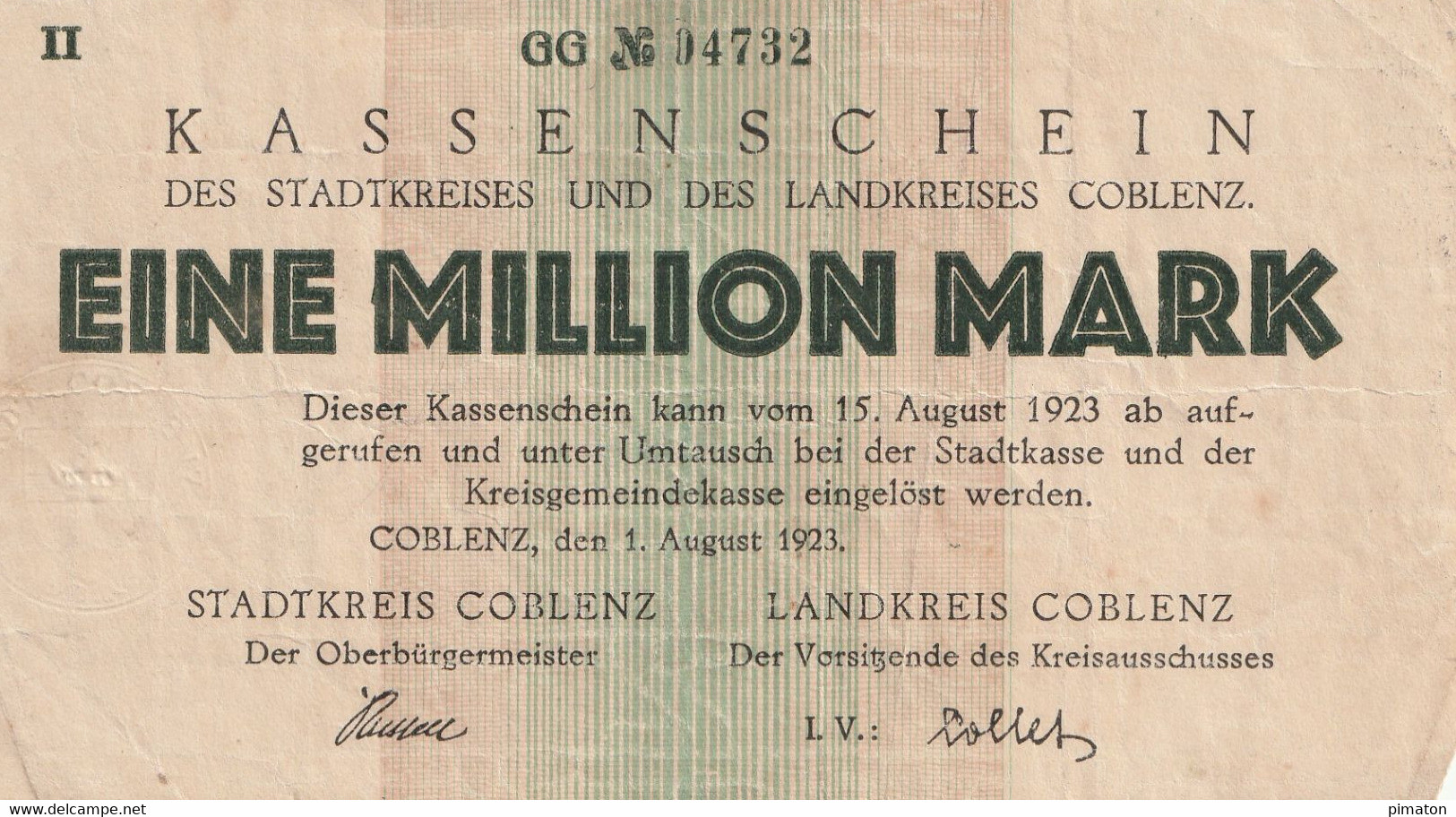 Billet De Nécessité Allemand -1000000 Mark 1923 STADT COBLENZ - 1 Mio. Mark