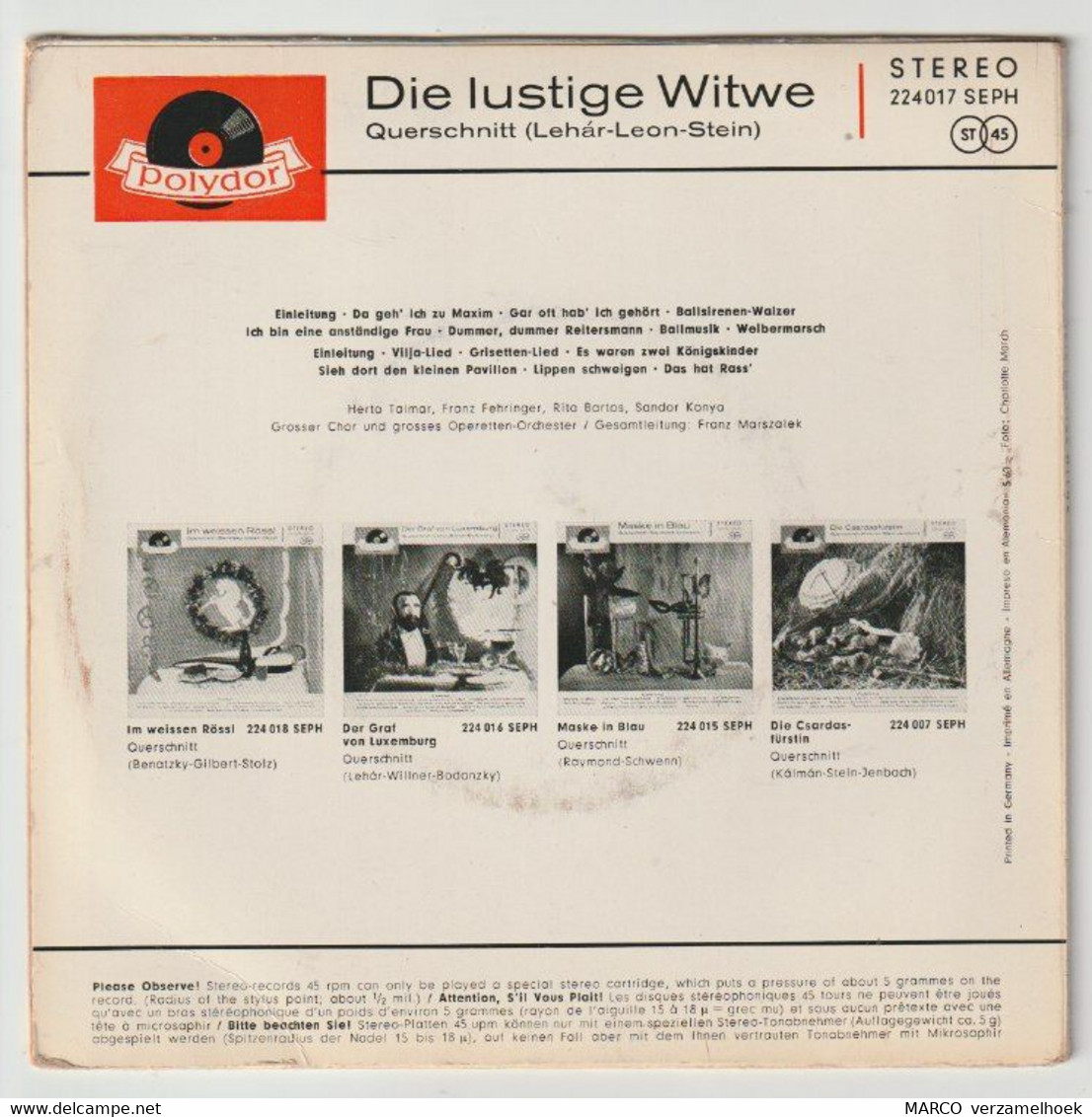 45T Single Die Lustige Witwe Querschnitt (lehár-leon-stein) Jaren 60 Polydor - Classical