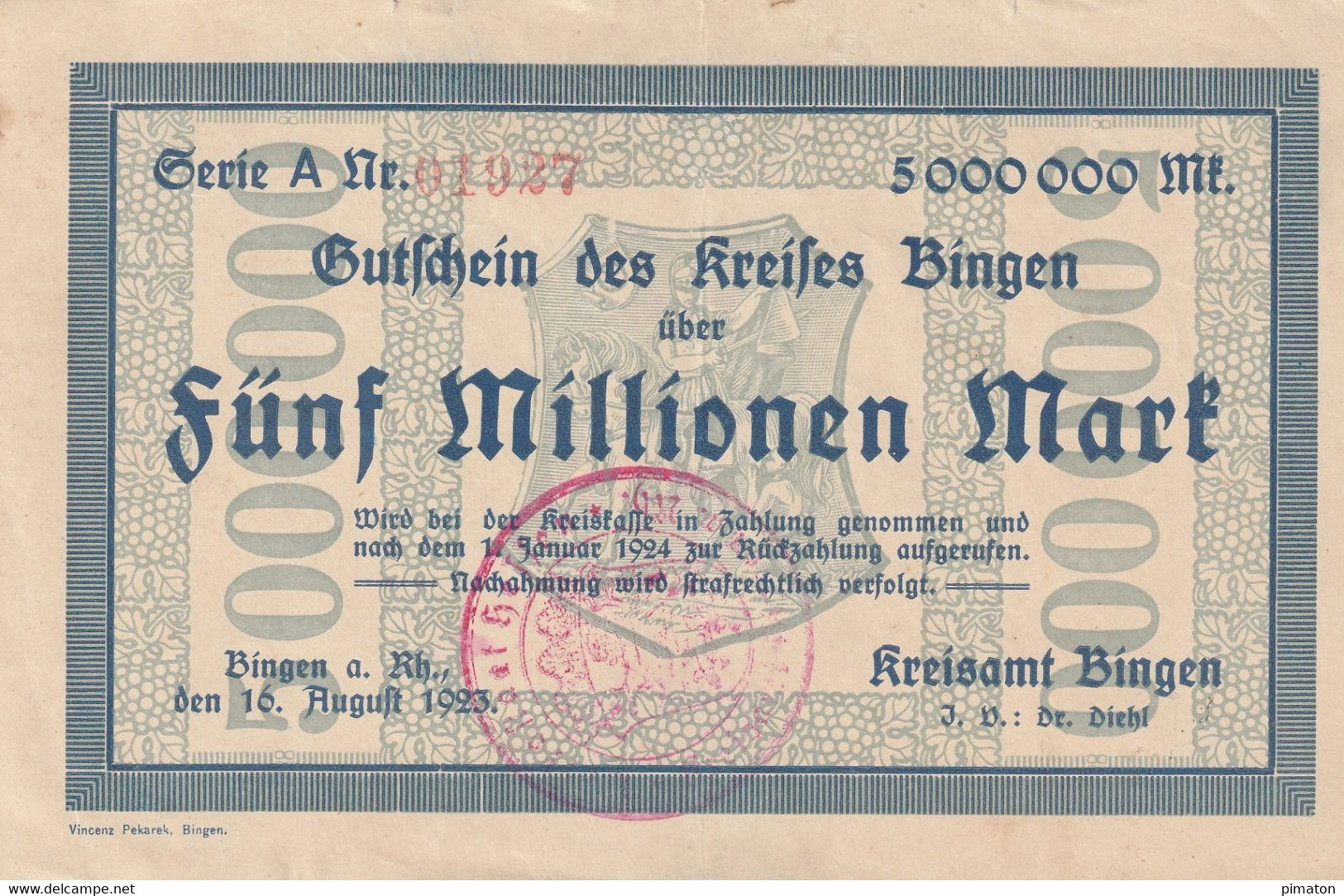 Billet De Nécessité Allemand -5 000 000 Mark 1923  Bingen - 2 Mio. Mark