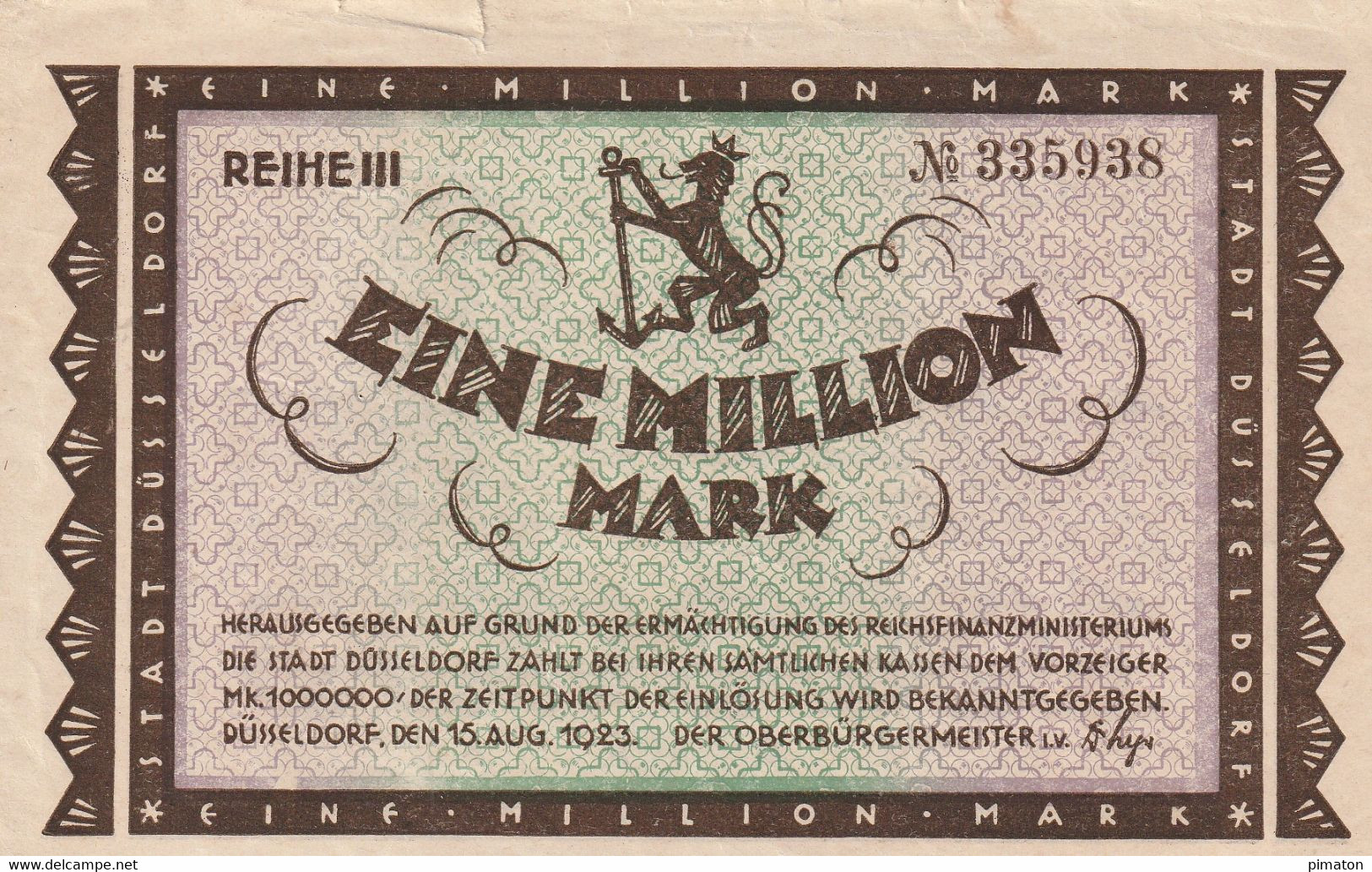 Billet De Nécessité Allemand 1000000 Mark 1923 STAT DUSSELDORF - 1 Million Mark