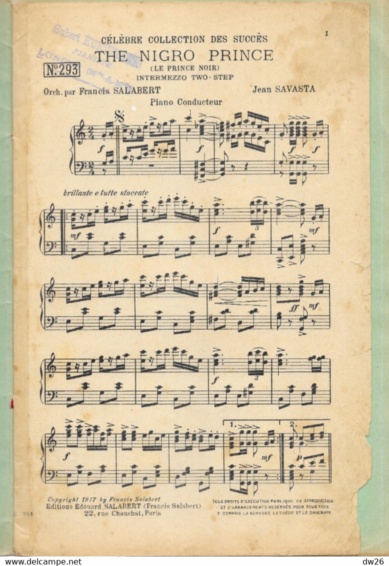 Partition: The Nigro Prince (Le Prince Noir) Intermezzo Two-Step - Francis Salabert N° 293 (piano, Violon, Violoncelle) - Scores & Partitions