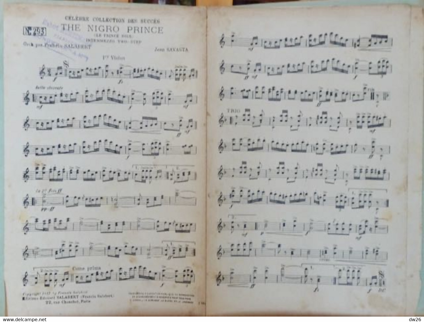 Partition: The Nigro Prince (Le Prince Noir) Intermezzo Two-Step - Francis Salabert N° 293 (piano, Violon, Violoncelle) - Partitions Musicales Anciennes