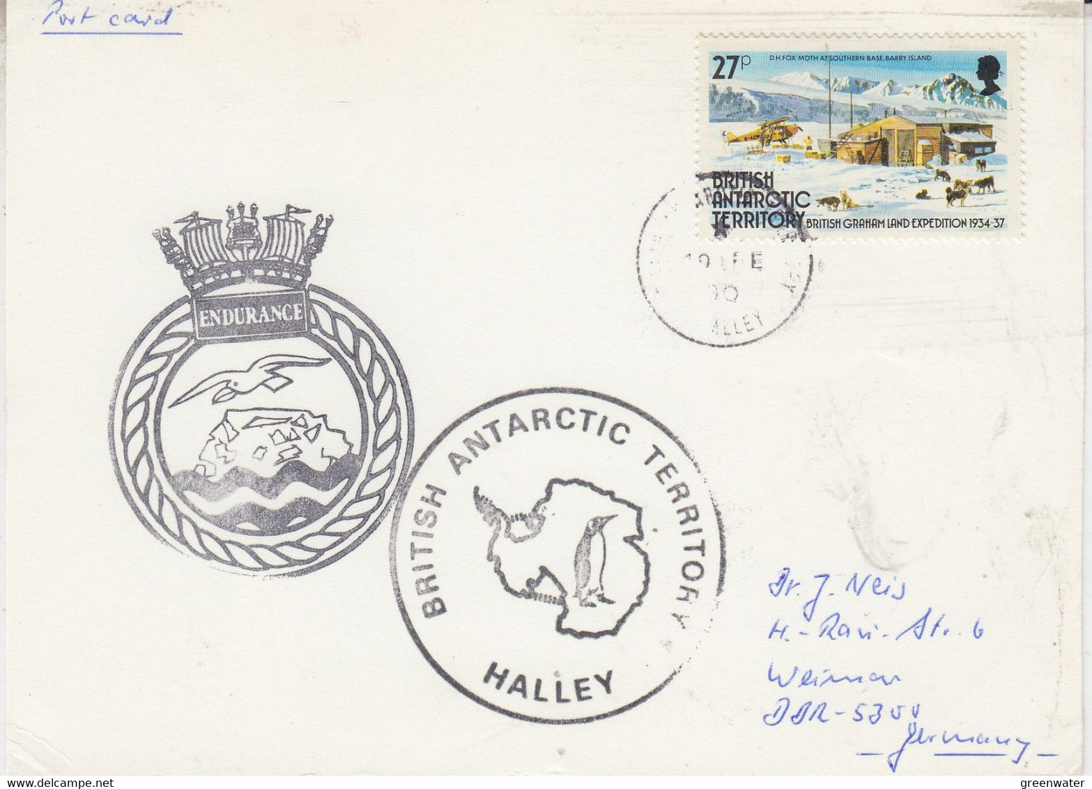 British Antarctic Territory (BAT) Ca HMS Endurance  Card Ca Halley  19 FE 1990 (AT171) - Covers & Documents