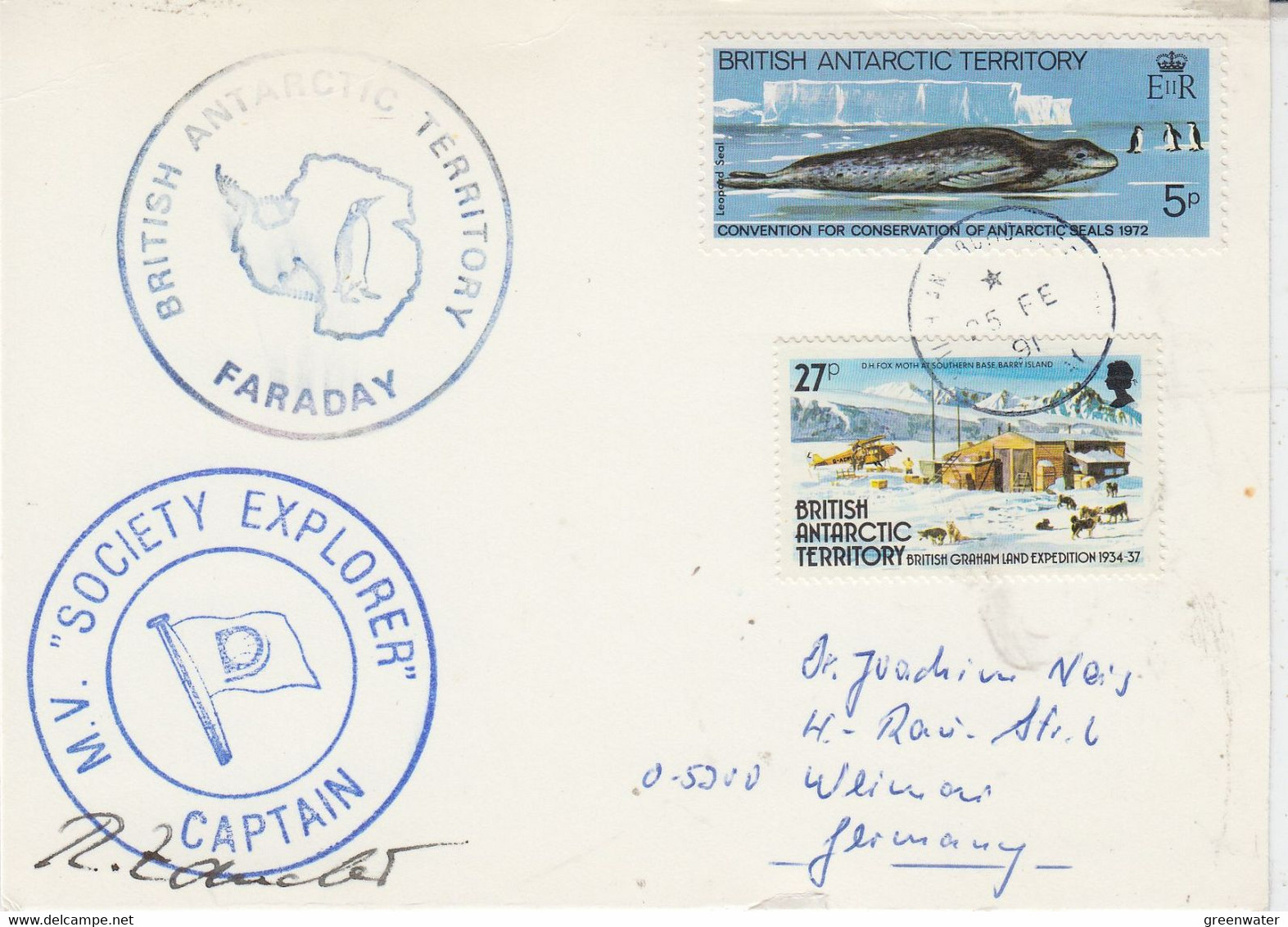 British Antarctic Territory (BAT) Ca MV Society Explorer Ca Captain Card  Ca Faraday 25 FE 1991 (AT174) - Covers & Documents