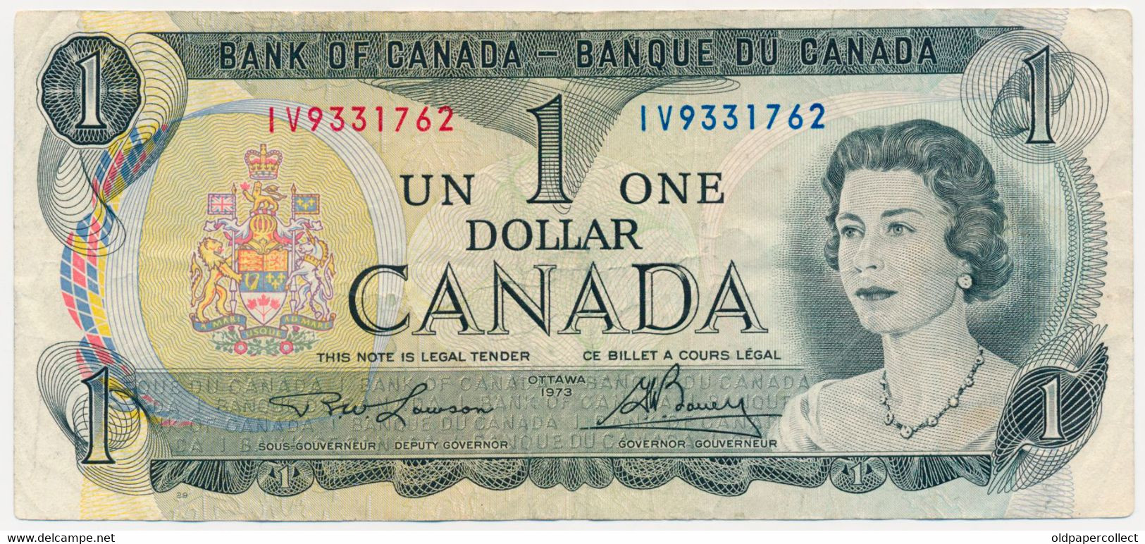 CANADA KANADA 1 DOLLAR Pick-85a(1) Queen Elizabeth II / Parliament, Ottawa River Signatures: Lawson & Bouey 1973 XF - Canada