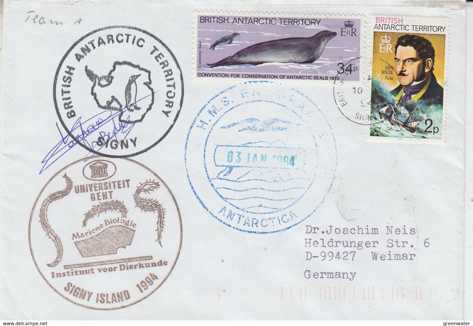 British Antarctic Territory (BAT) Ca Uniseriteit Gent 2 Signatures  Cover  Ca Signy 10 JAN 1992 (AT179) - Covers & Documents