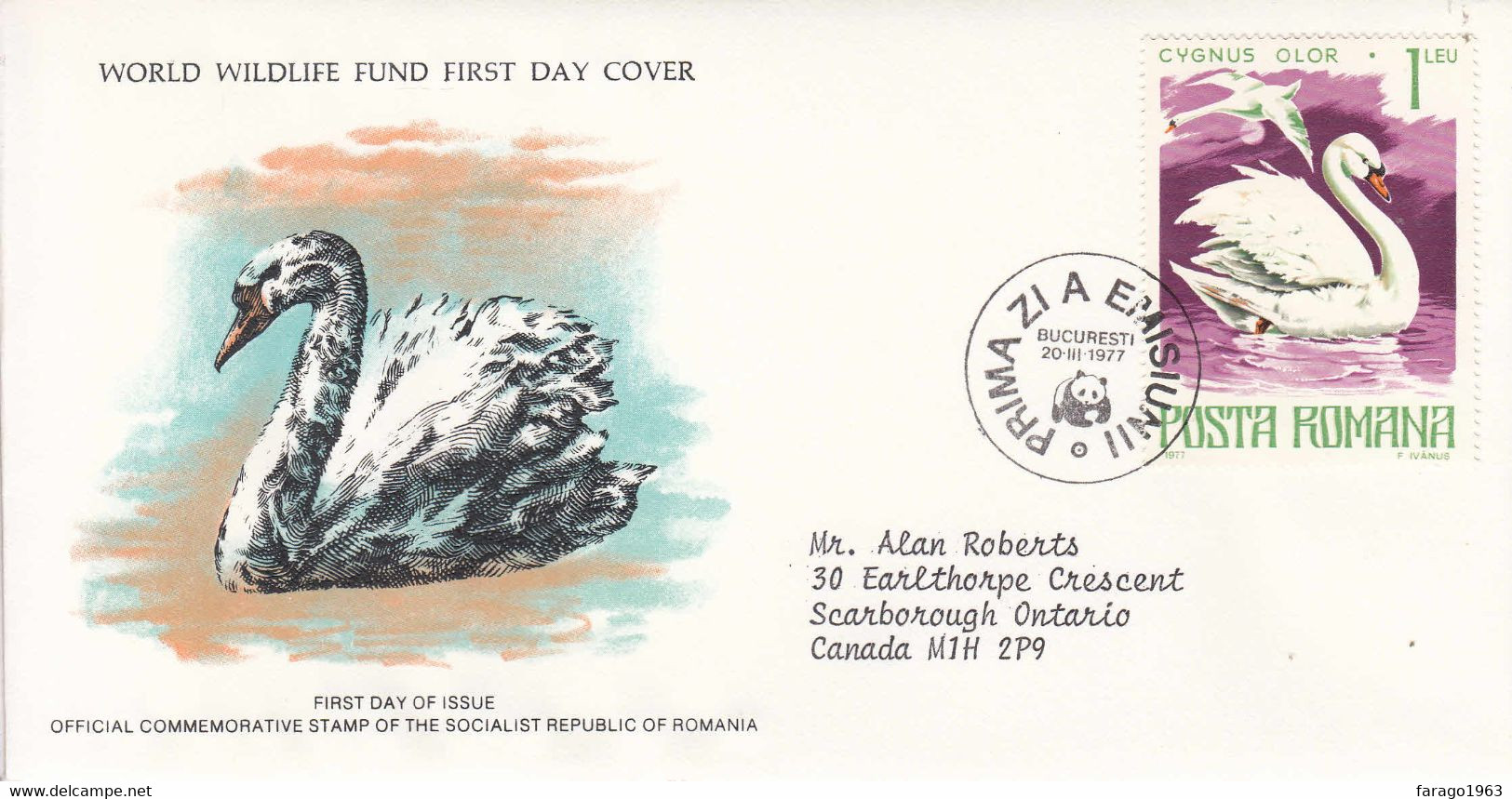 1977 Romania Swans WWF Cancel Birds UNEP Addressed WWF First Day Cover - Schwäne