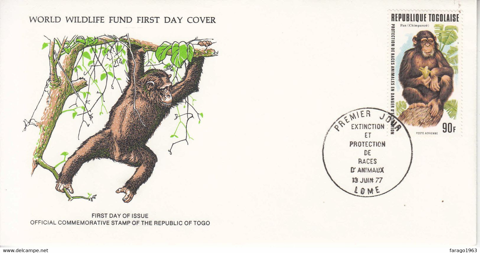 1977 Togo Chimpanzee Monkeys Unaddressed WWF First Day Cover - Chimpanzees