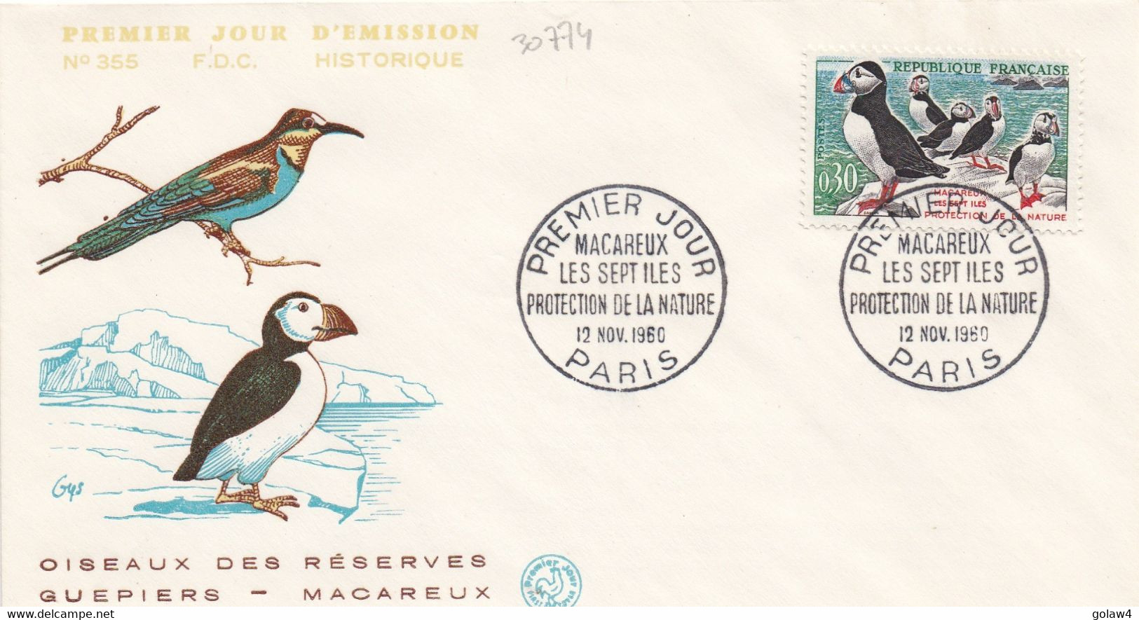 30774# N° 1274 MACAREUX VARIETE FOND BLEU DEBORDANT DU CADRE ENVELOPPE 1er JOUR FDC 12 NOVEMBRE 1960 - Lettres & Documents