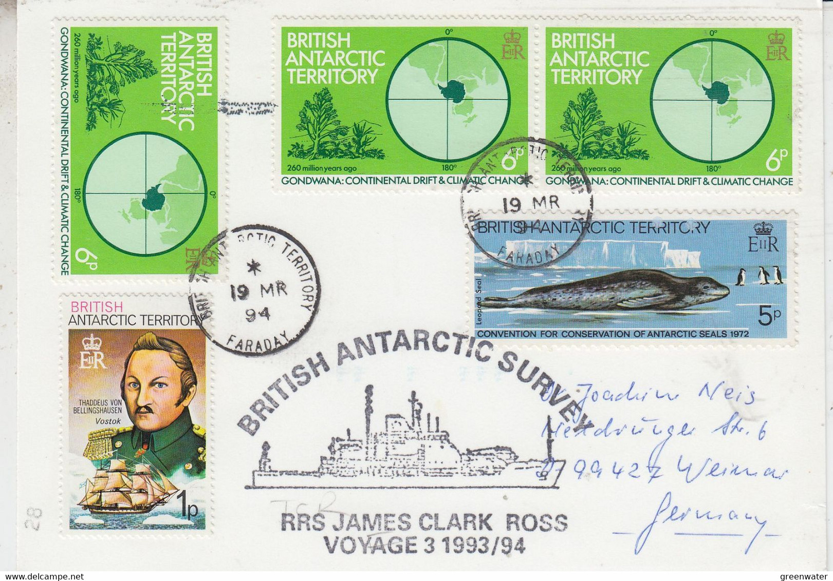 British Antarctic Territory (BAT)Ca RRS James Clark Ross  Card  Ca Faraday 19 MR 1994 (AT180) - Briefe U. Dokumente