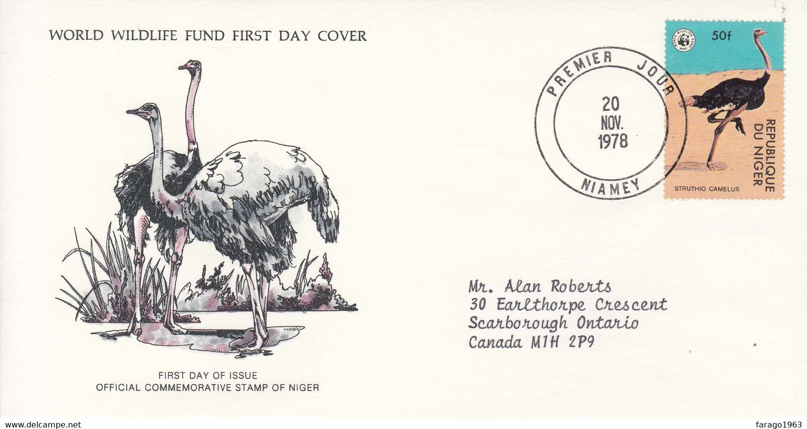 1978 Niger WWF Ostrich Birds  First Day Cover - Straussen- Und Laufvögel