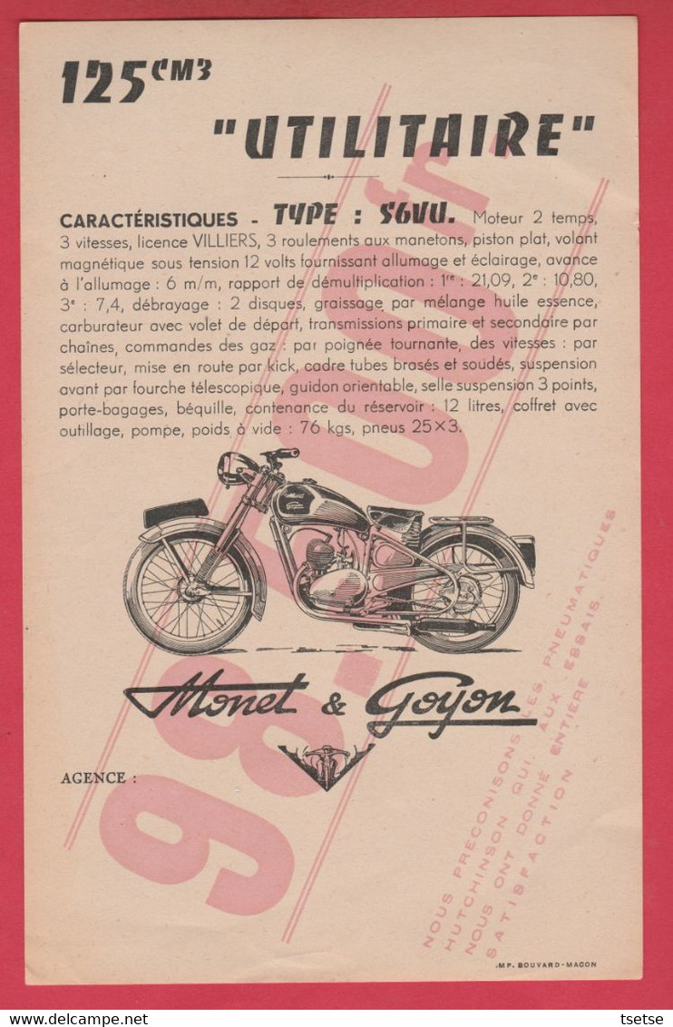 Moto Monet & Goyon  / Mâcon - Affichette De L' " Utilitaire " -Type : S6V3 / 125 Cm3 - Prix : 98.500 Ancien Francs - Motos