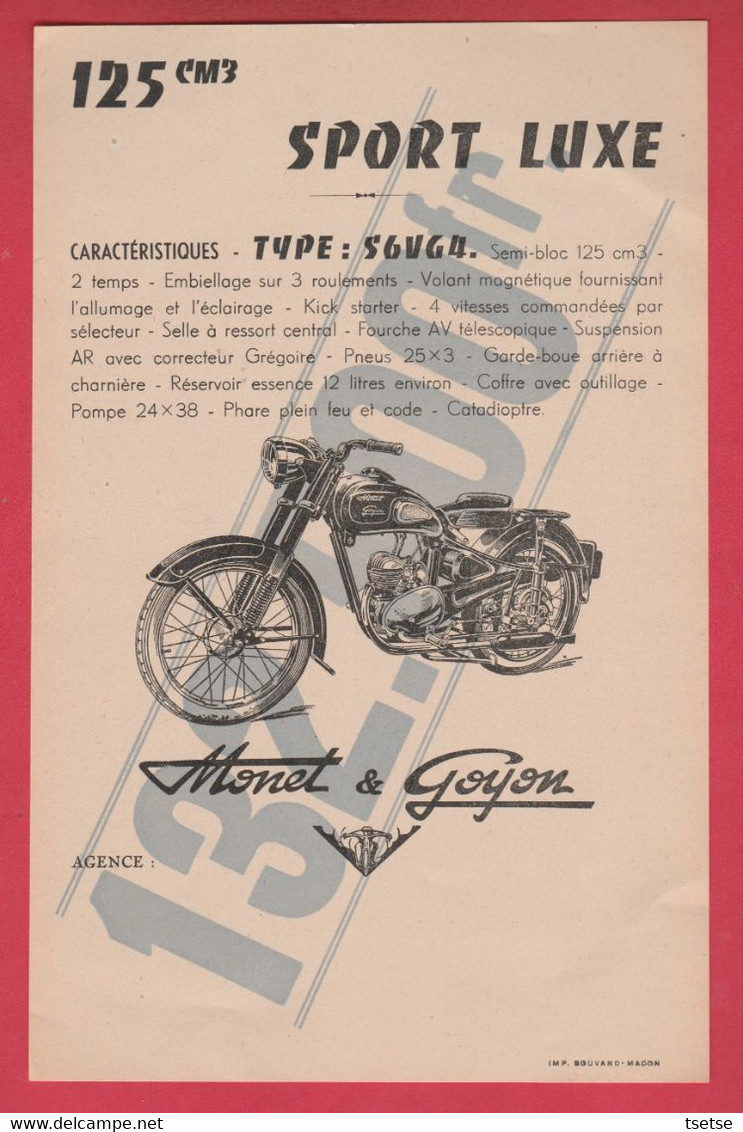 Moto Monet & Goyon  / Mâcon - Affichette " Sport Luxe " -Type : S6VG4 / 125 Cm3 - Prix : 132.500 Ancien Francs - Motos