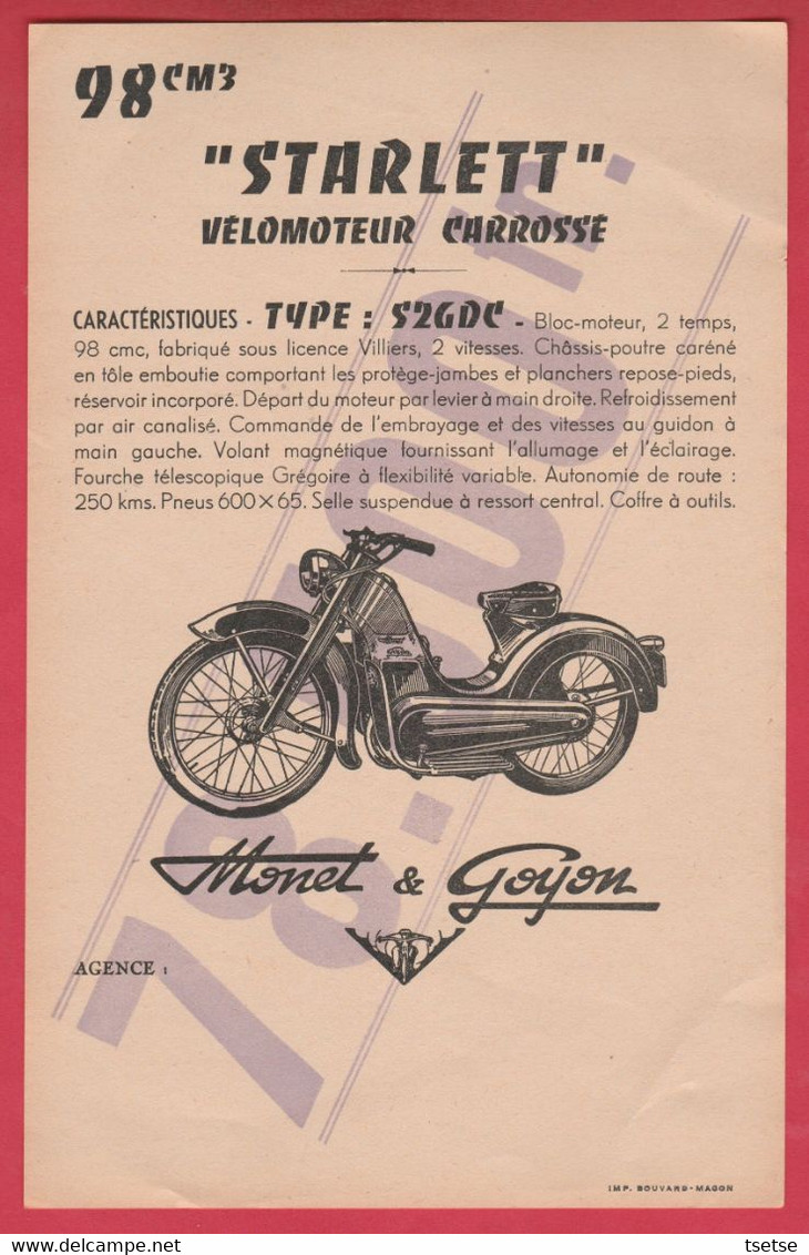 Moto Monet & Goyon  / Mâcon - Affichette " Starlett " -Type : S2VGDC / 98 Cm3 - Prix : 78.500 Ancien Francs - Motos