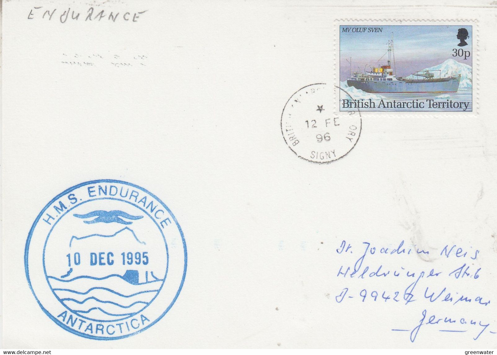 British Antarctic Territory (BAT)  Ca HMS Endurance Card Ca Signy 12 FE 1996 (AT190) - Briefe U. Dokumente