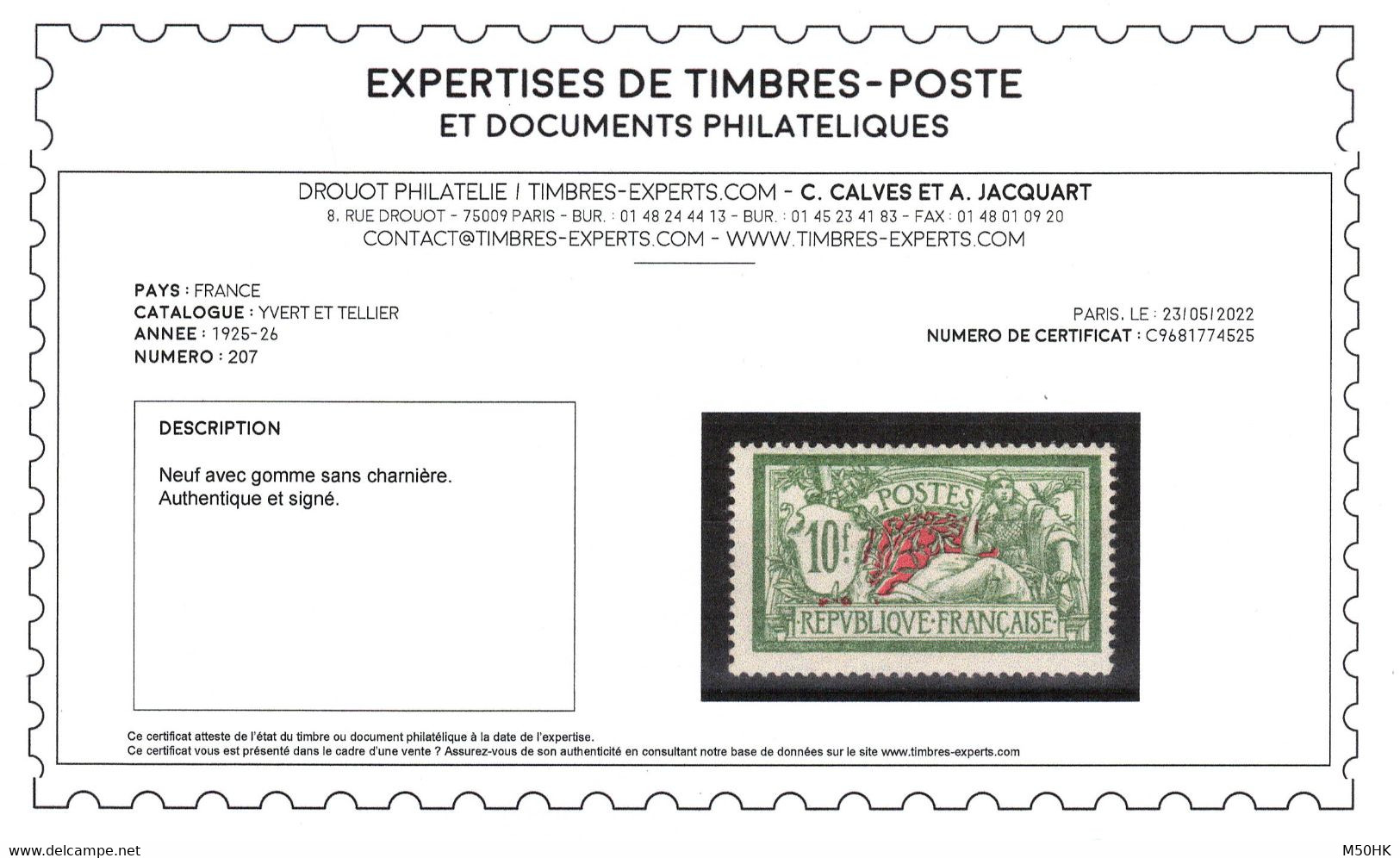 YV 207 N** MNH Luxe , Signé CALVES + Certificat , Centrage Correct , Cote 360+ Euros , Très Frais - Unused Stamps