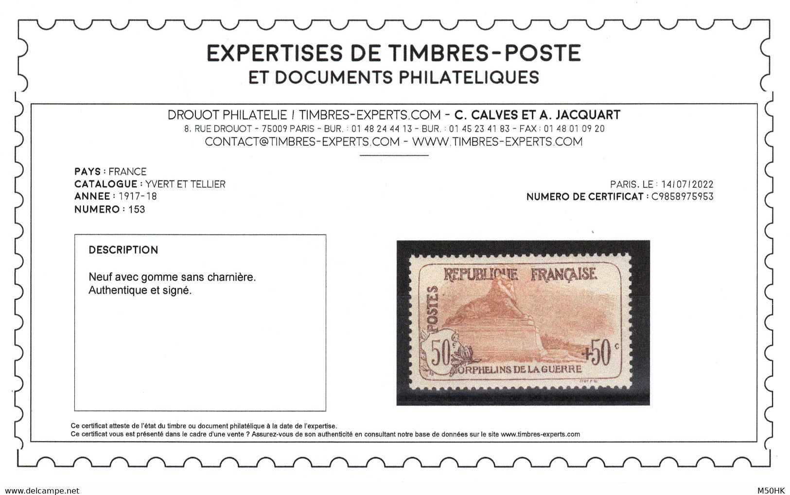 YV 153 N** MNH Luxe , Signé CALVES + Certificat , 1ere Orphelins , Excellent Centrage , Cote 1050++ Euros - Unused Stamps