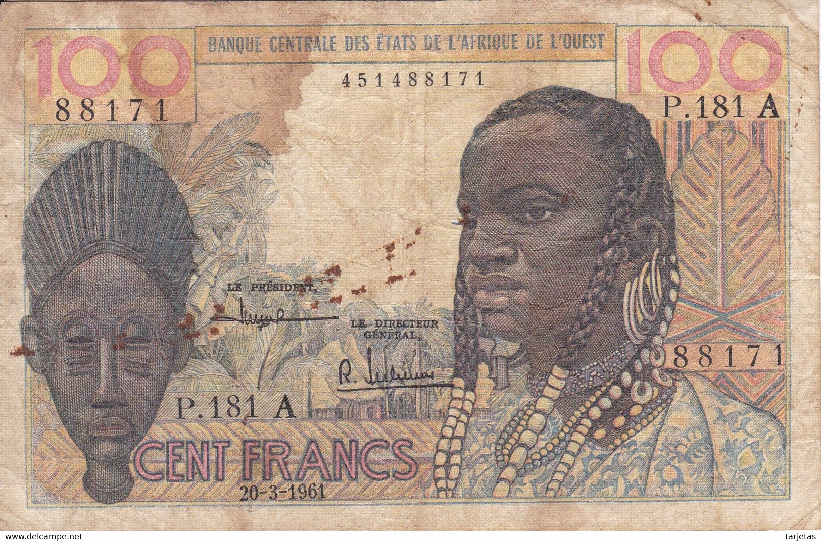 BILLETE DE COSTA DE MARFIL DE 100 FRANCS DEL AÑO 1961  (BANK NOTE) - Costa De Marfil
