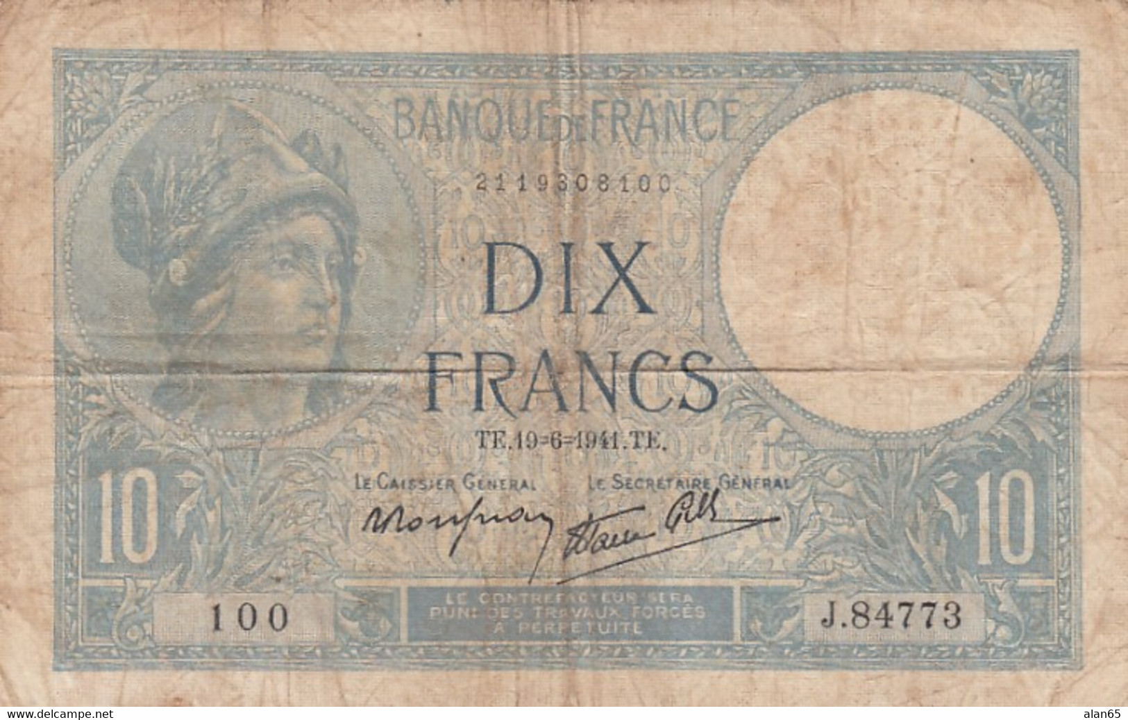 France #84 10 Francs 19 June 1941 'Minvera' Banknote - 10 F 1916-1942 ''Minerve''