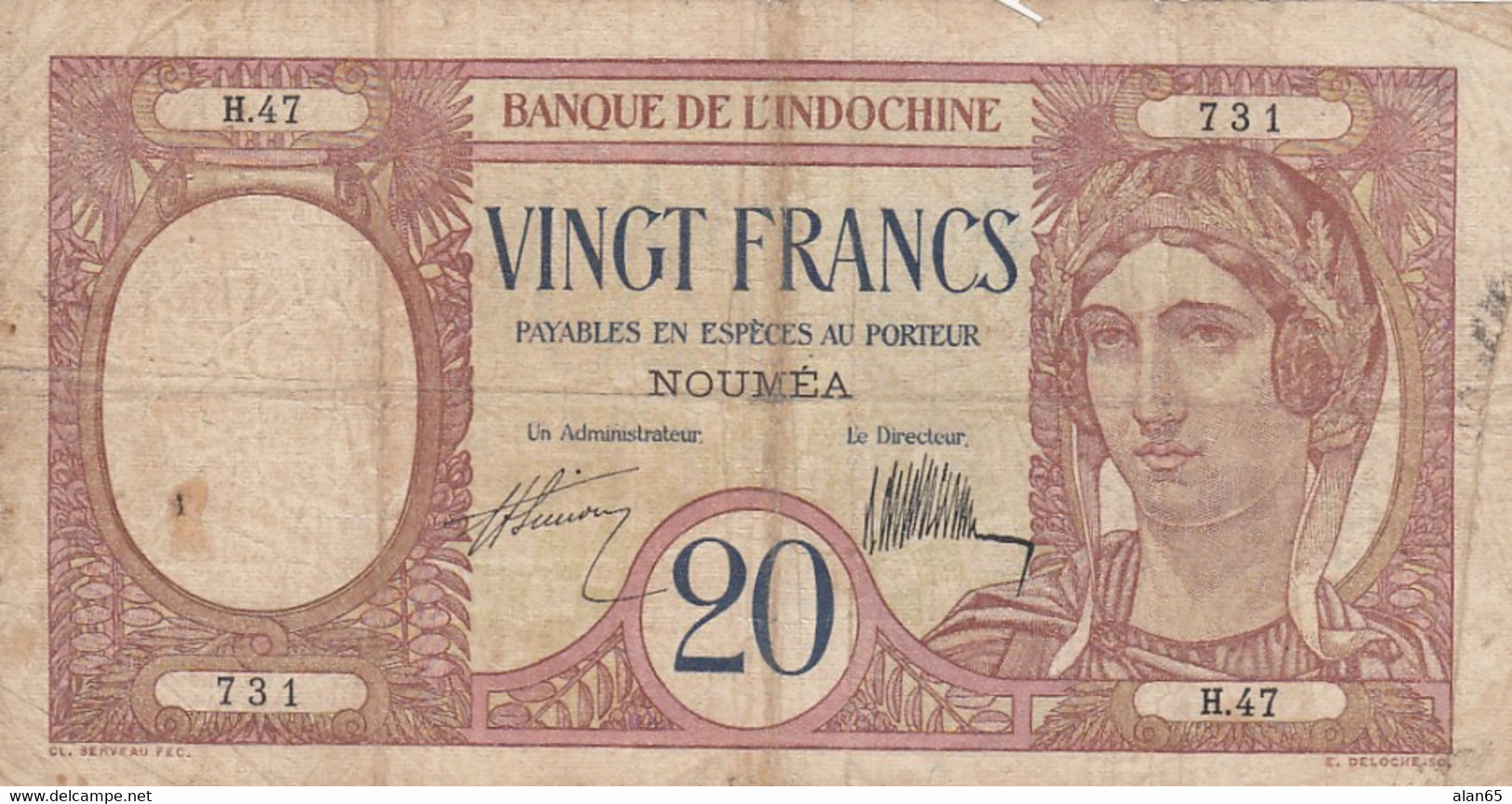 New Caledonia #37a 20 Francs Banque De L'Indochine Banknote - Nouméa (Nuova Caledonia 1873-1985)