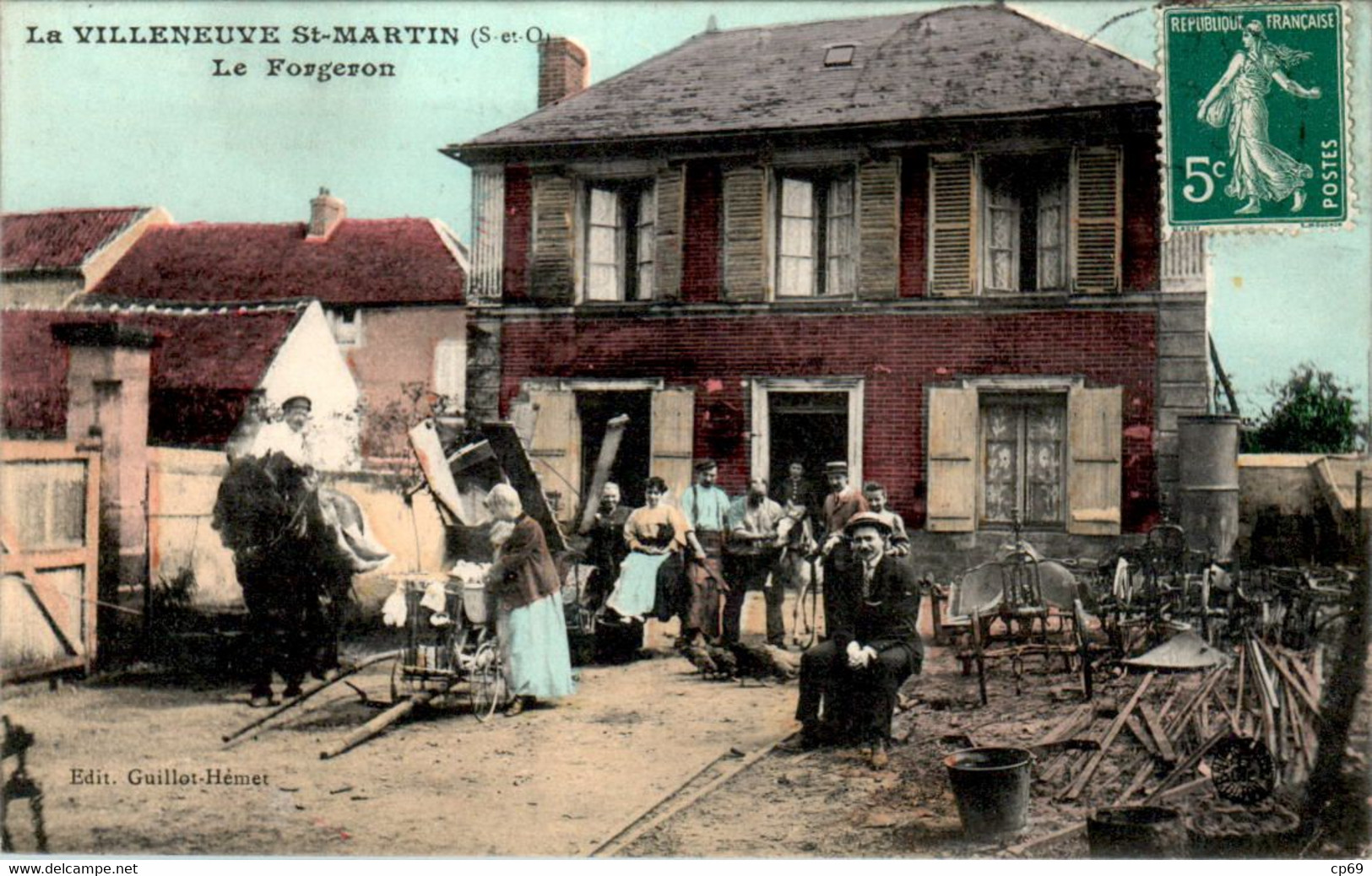 Villeneuve-Saint-Martin Commune Ableiges Le Forgeron 铁匠 Cheval Horse 鍛冶屋 Val-D'Oise Cpa Couleur Voyagée 1910 Rare TB.E - Otros & Sin Clasificación